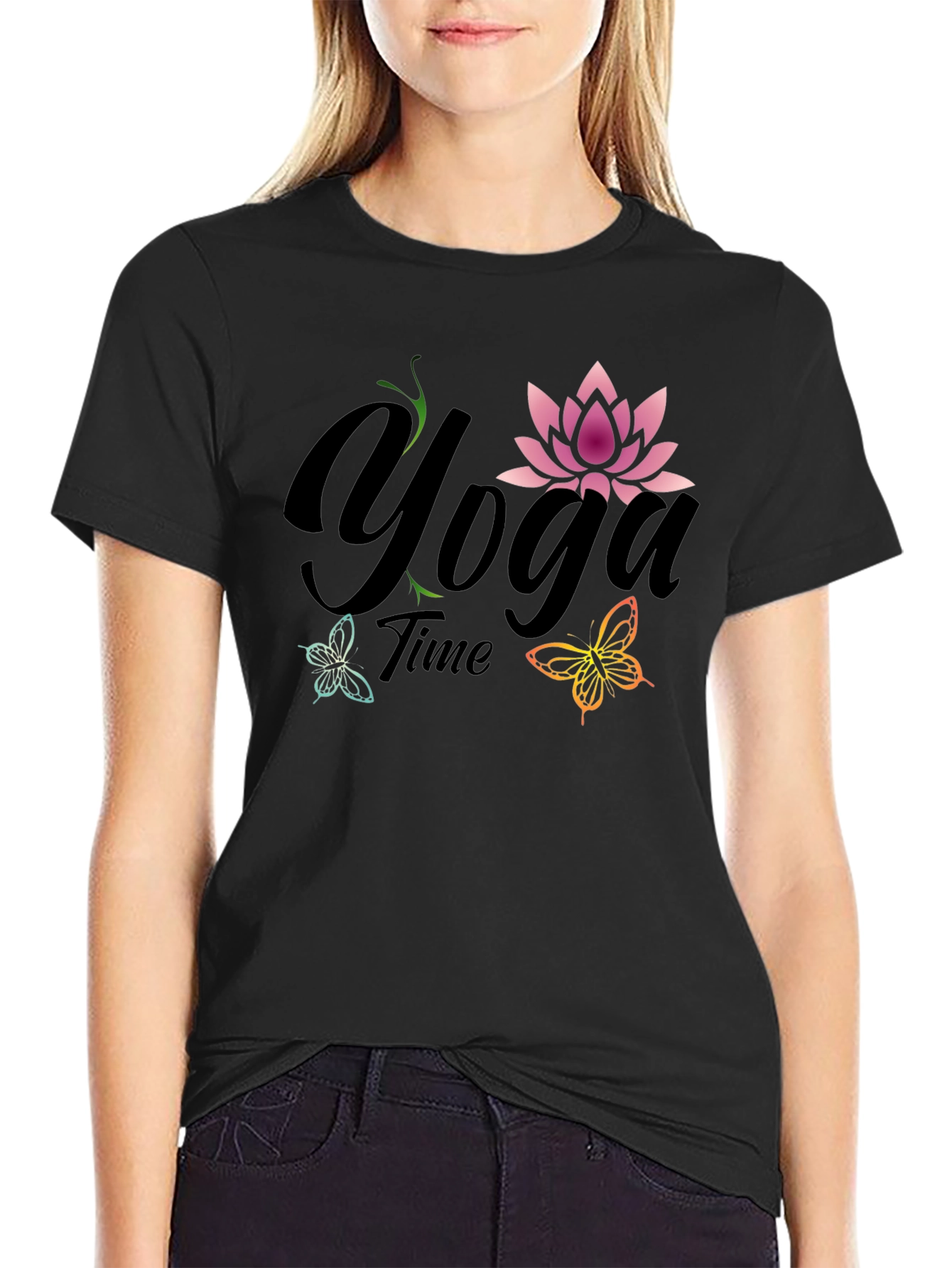 Black Yoga Time T-Shirt - Lotus Flower Butterfly Tee view 2