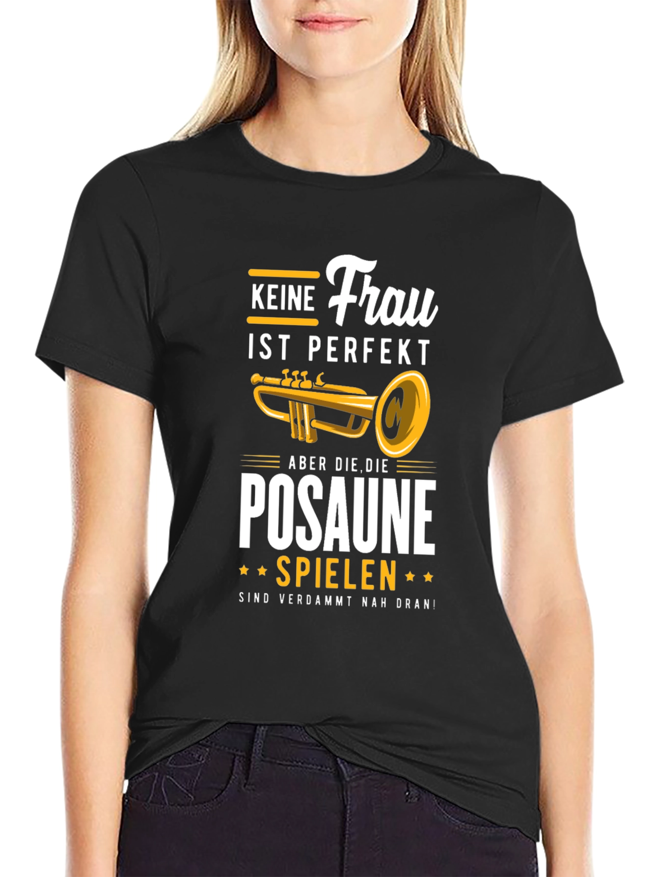 Black Funny Trombone Player T-Shirt - "Keine Frau Ist Perfekt" view 2