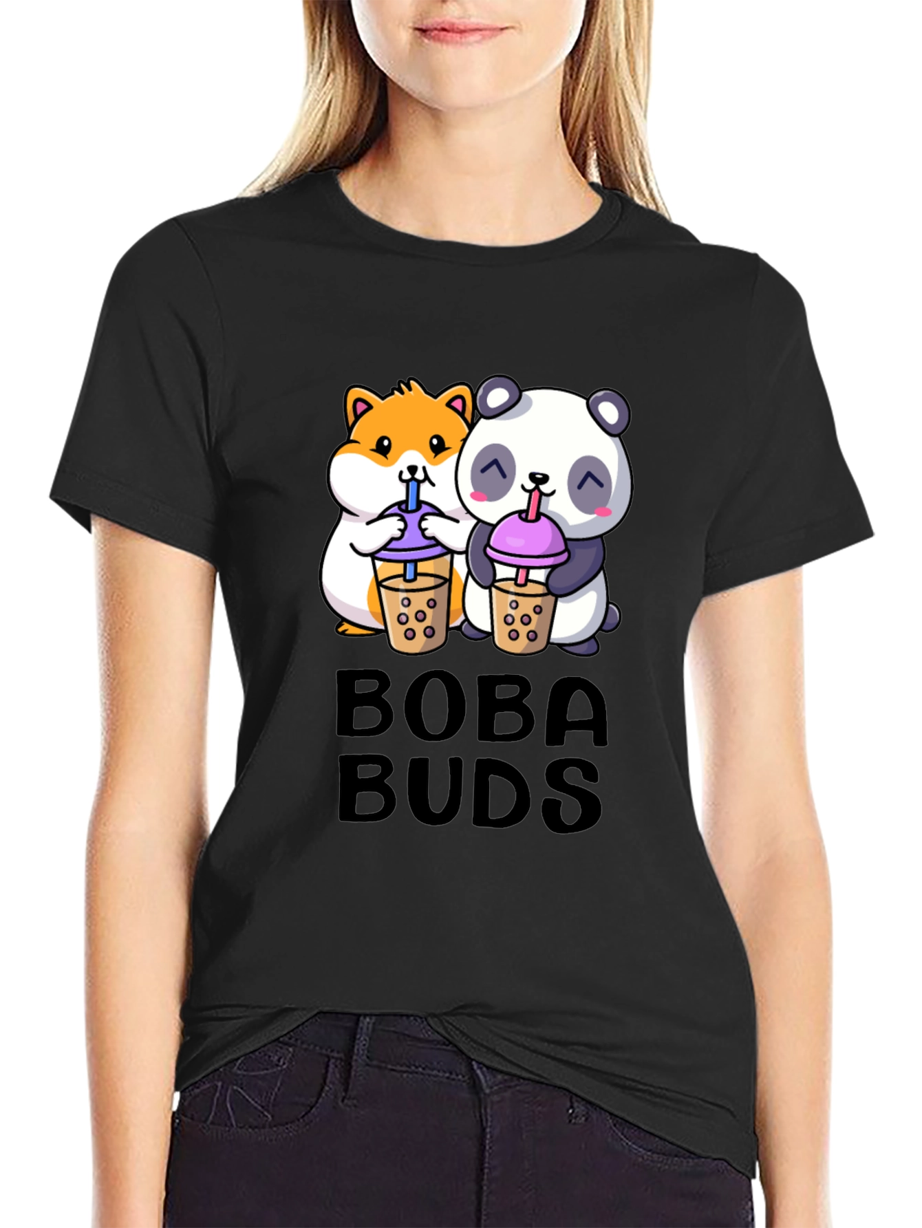 Black Boba Buds Graphic Tee - Cute Panda & Hamster Boba Design view 2