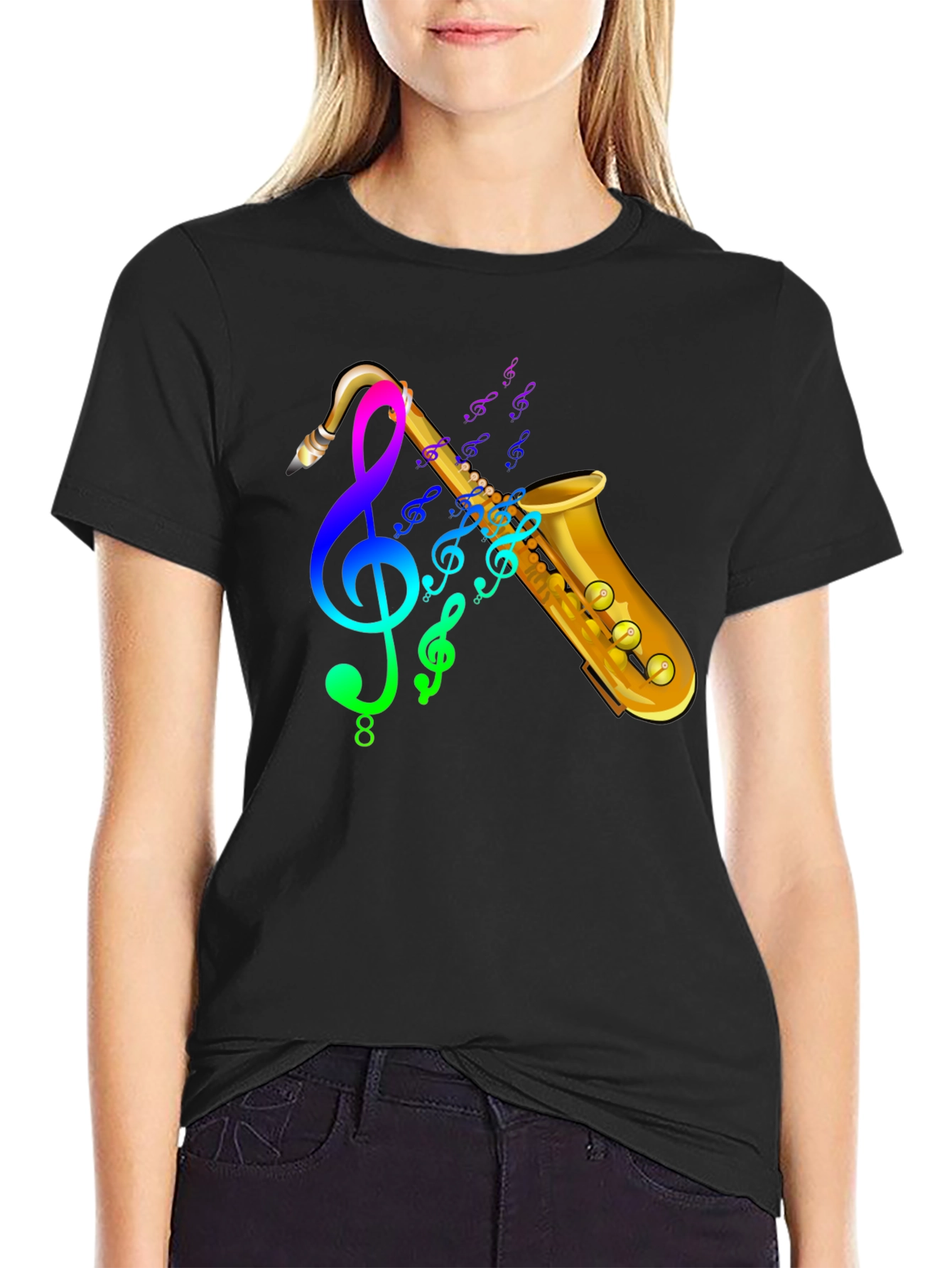 Black Saxophone & Music Notes Graphic Black T-Shirt view 2