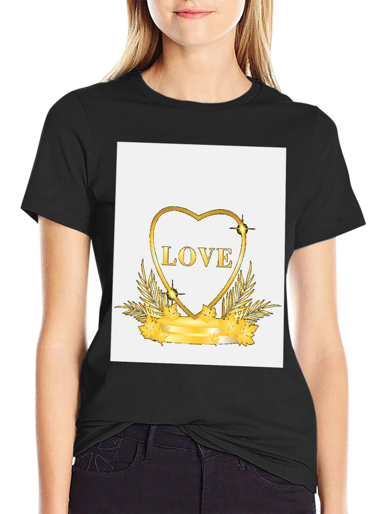 Black Golden Love Heart Graphic Black T-Shirt view 2
