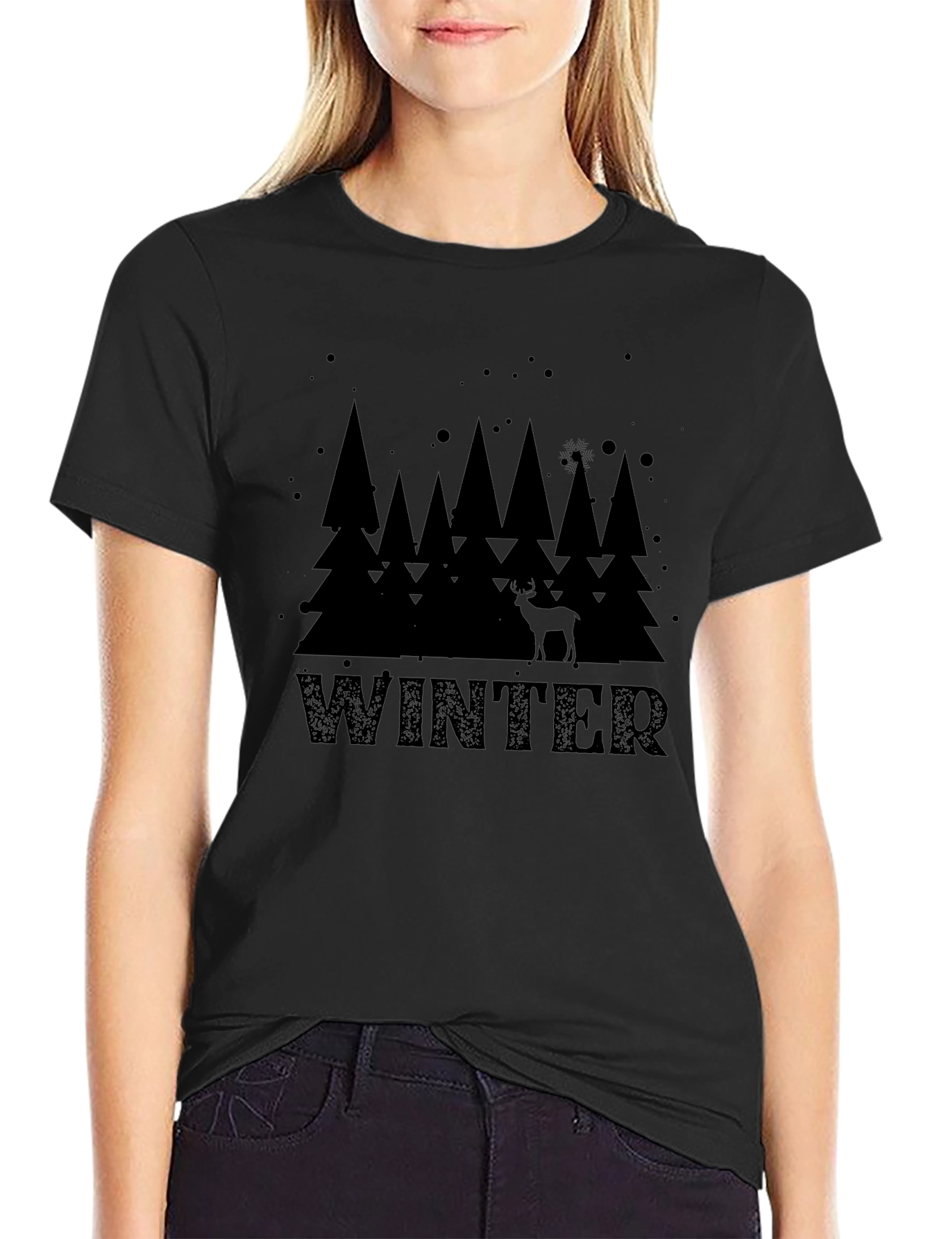 Black Winter Forest Graphic Print T-Shirt view 2