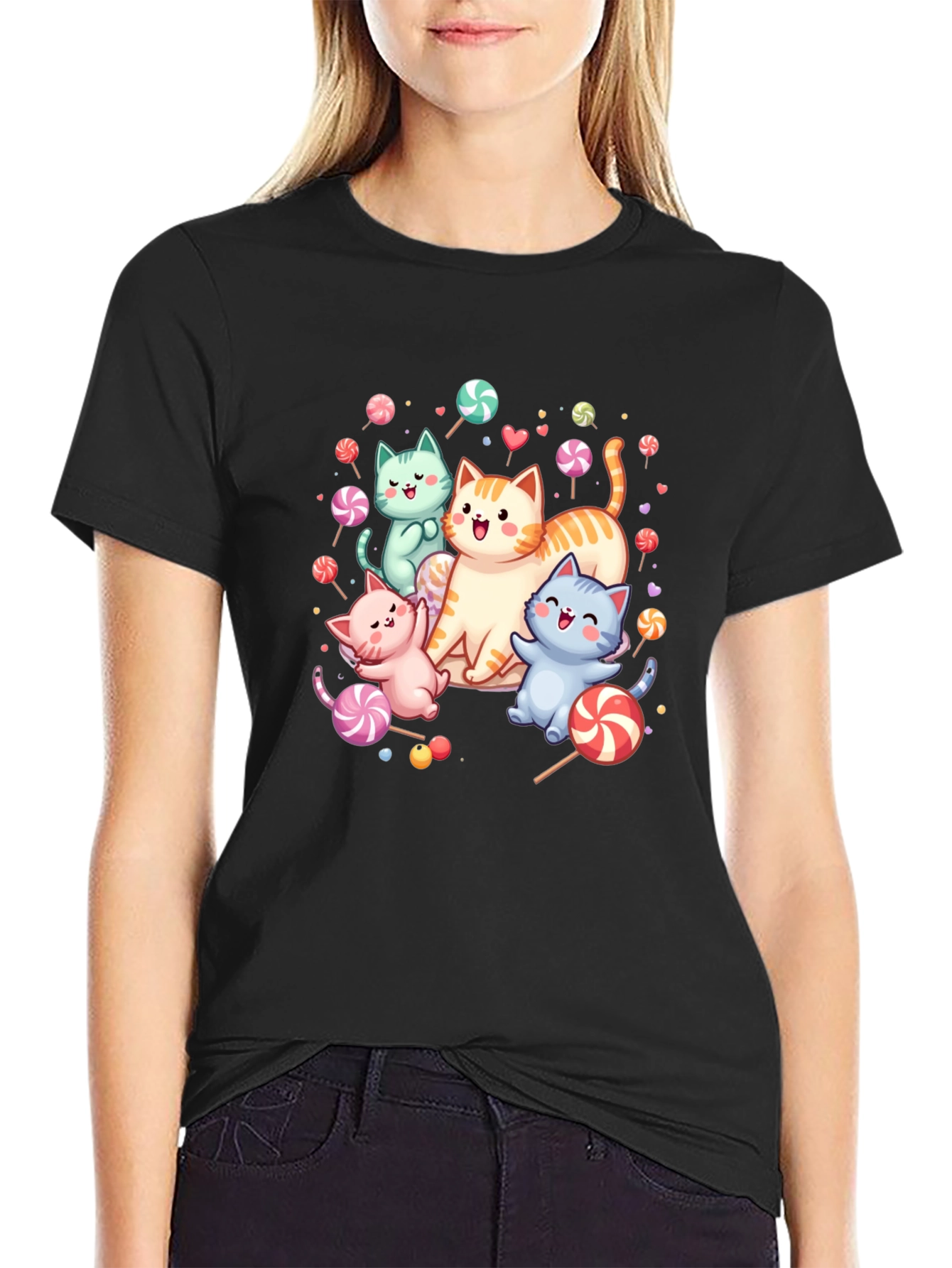 Black Cute Cats & Candy Black T-Shirt view 2