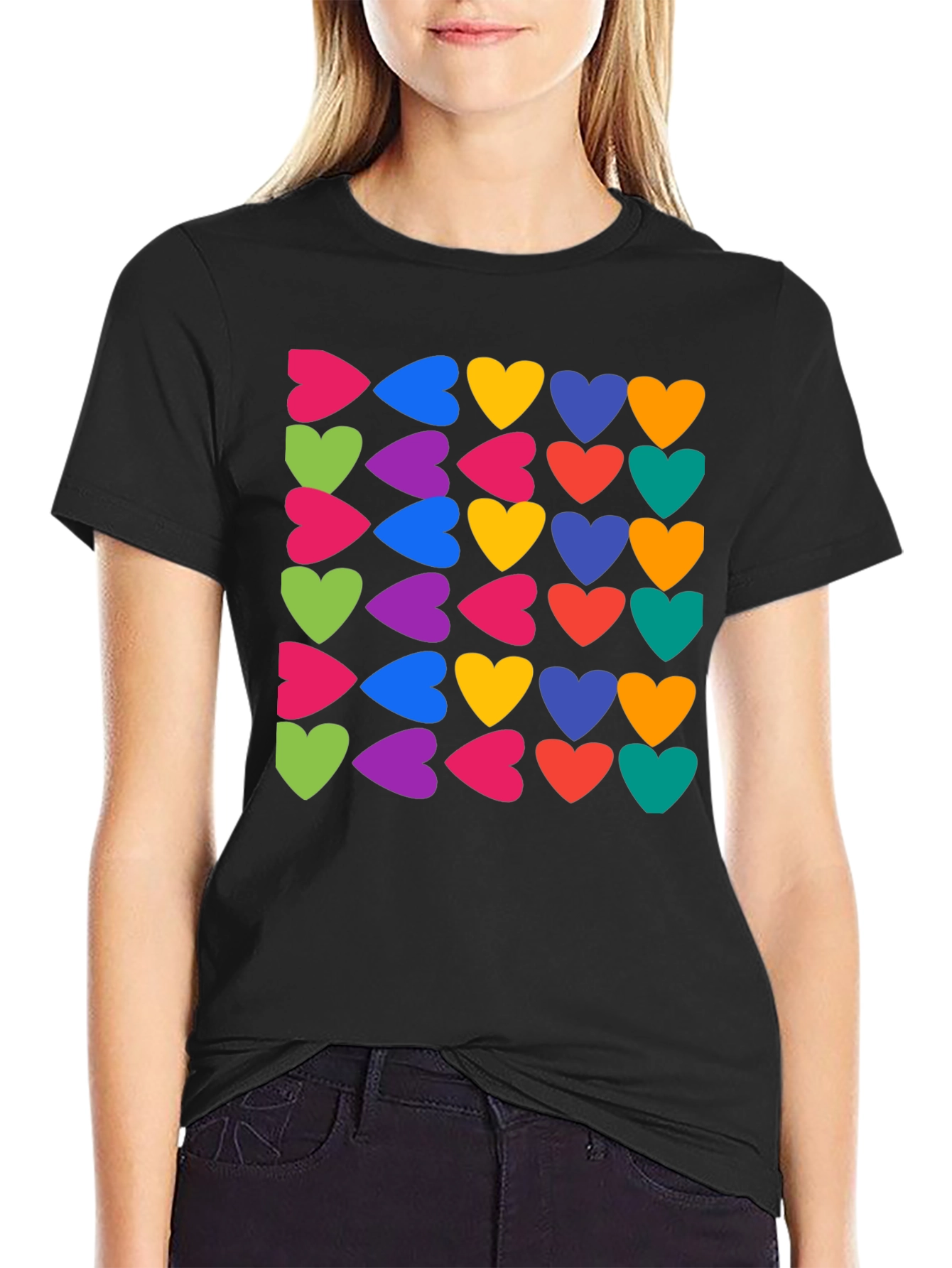 Black Colorful Hearts Pattern Black T-Shirt view 2