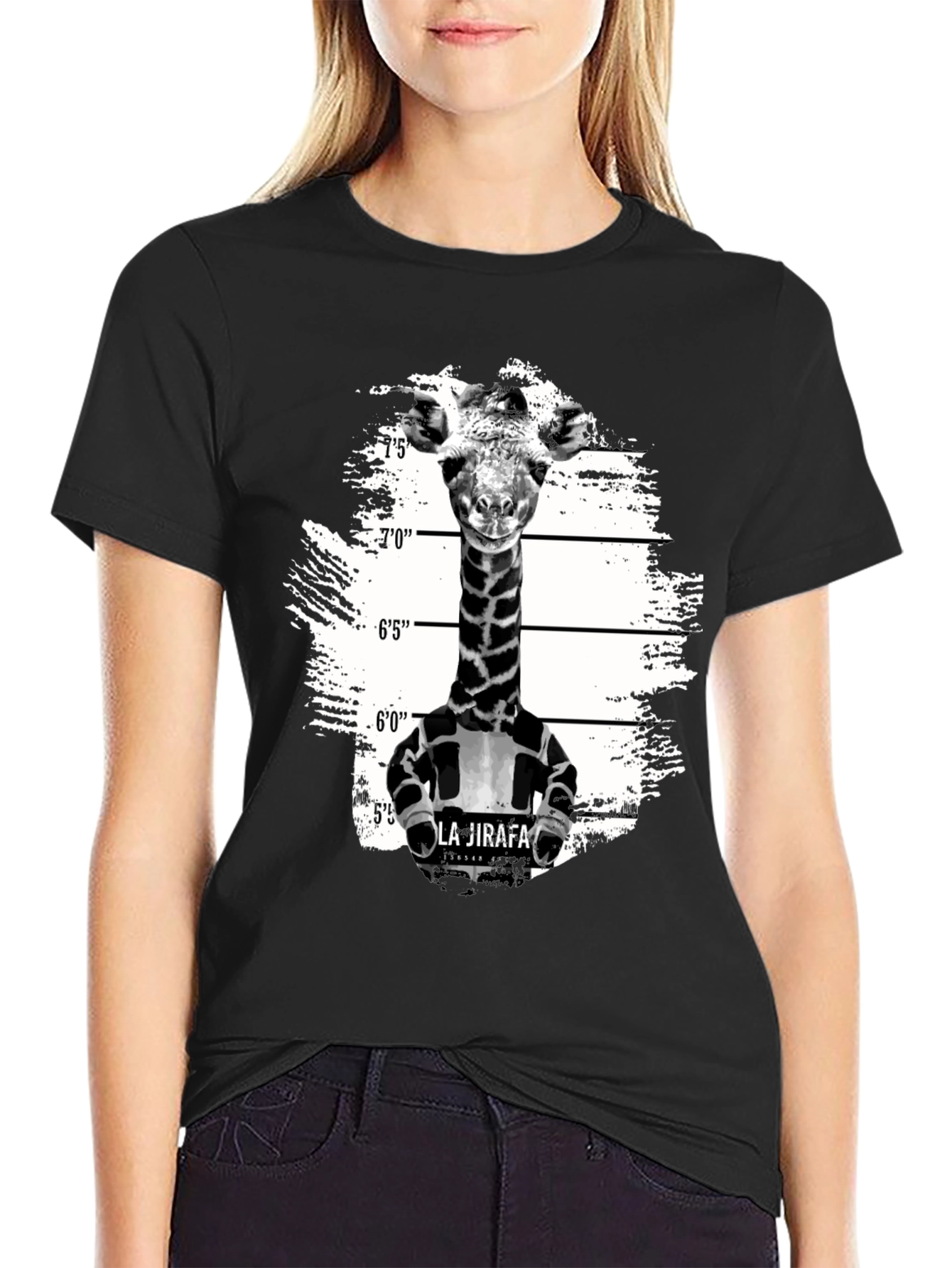 Black Giraffe Mugshot Graphic T-Shirt - Funny Animal Tee view 2