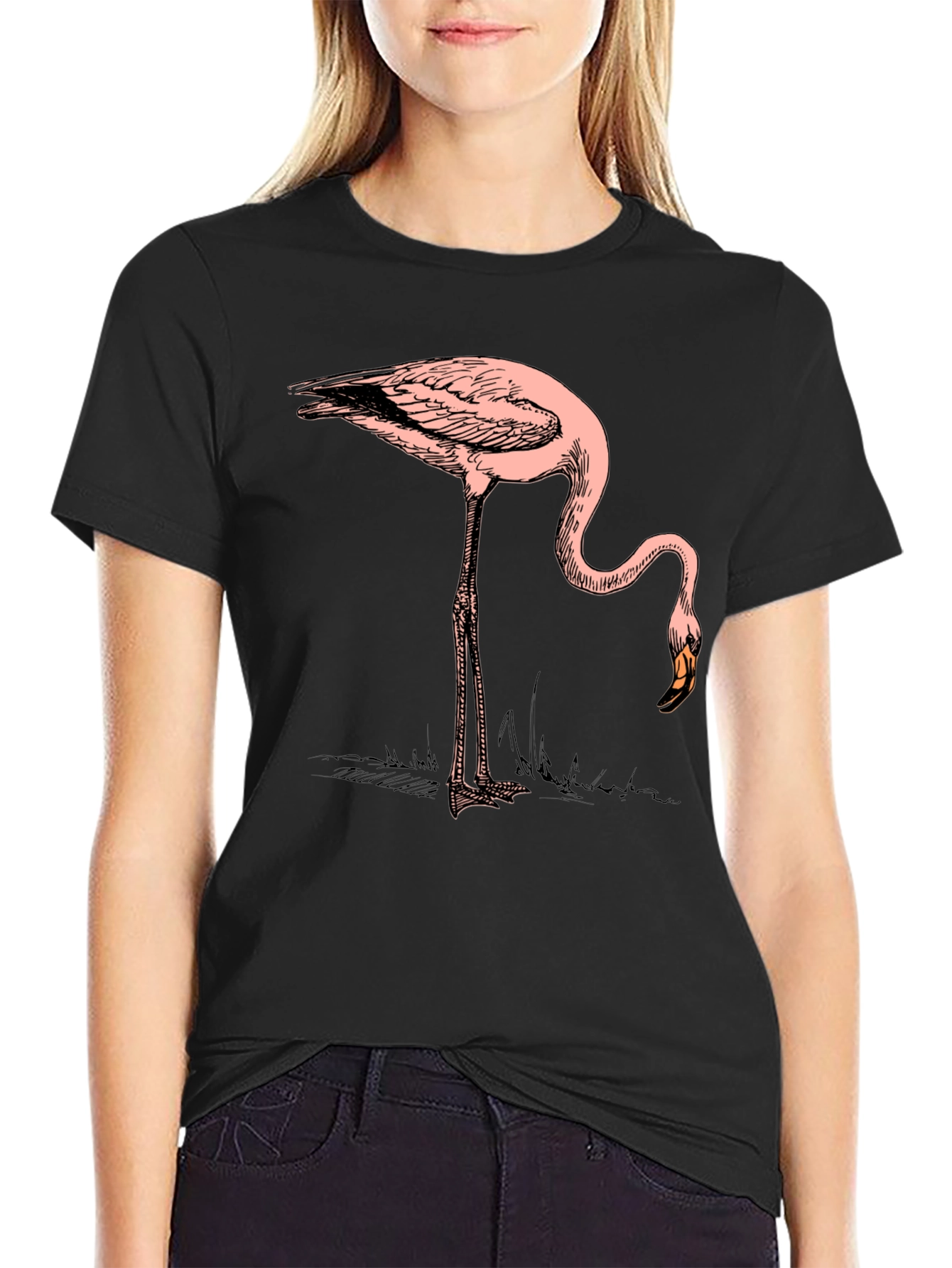 Black Cool Flamingo Graphic Print Black T-Shirt view 2