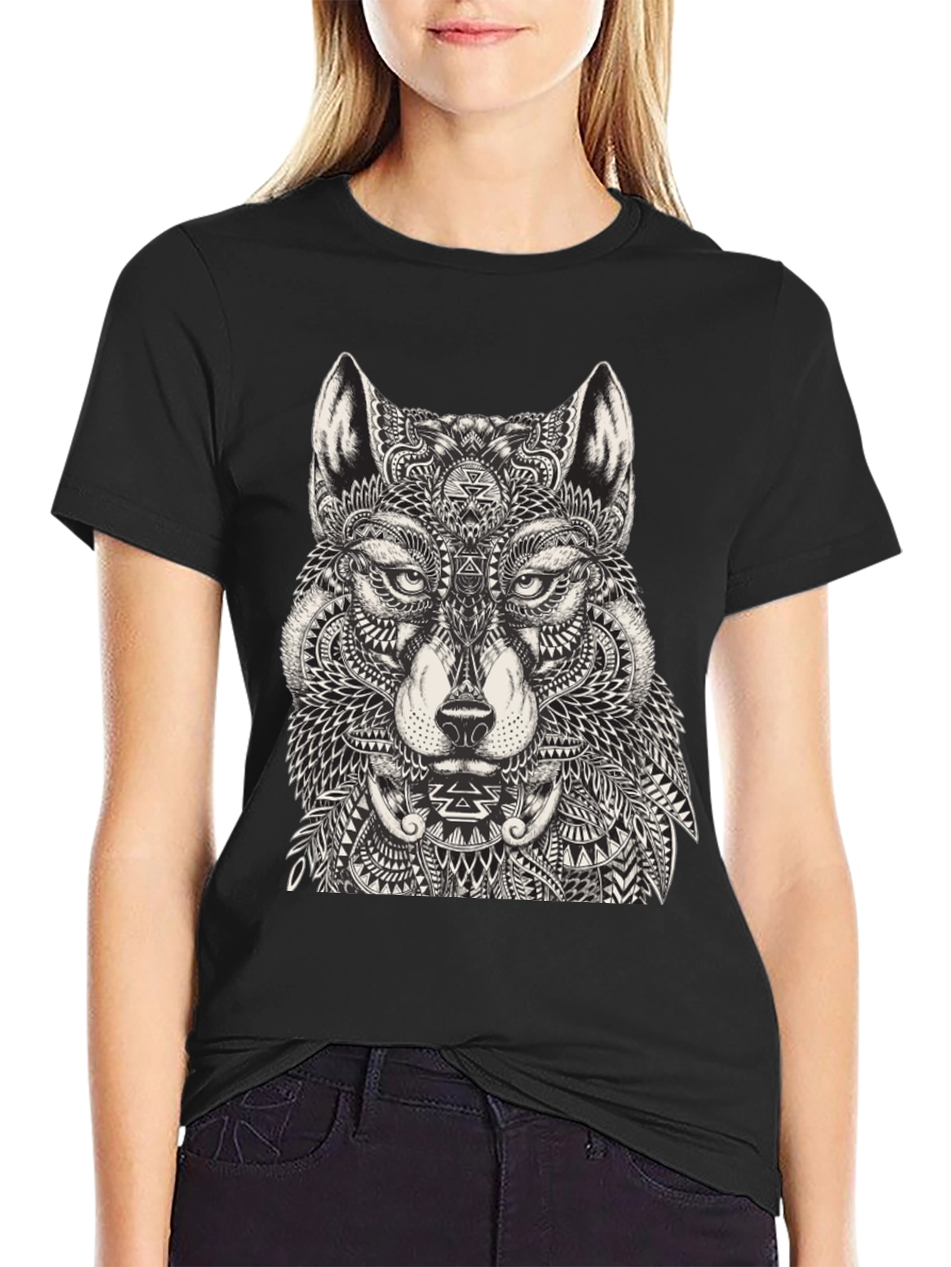 Black Wolf Graphic Print Black T-Shirt for Men view 2