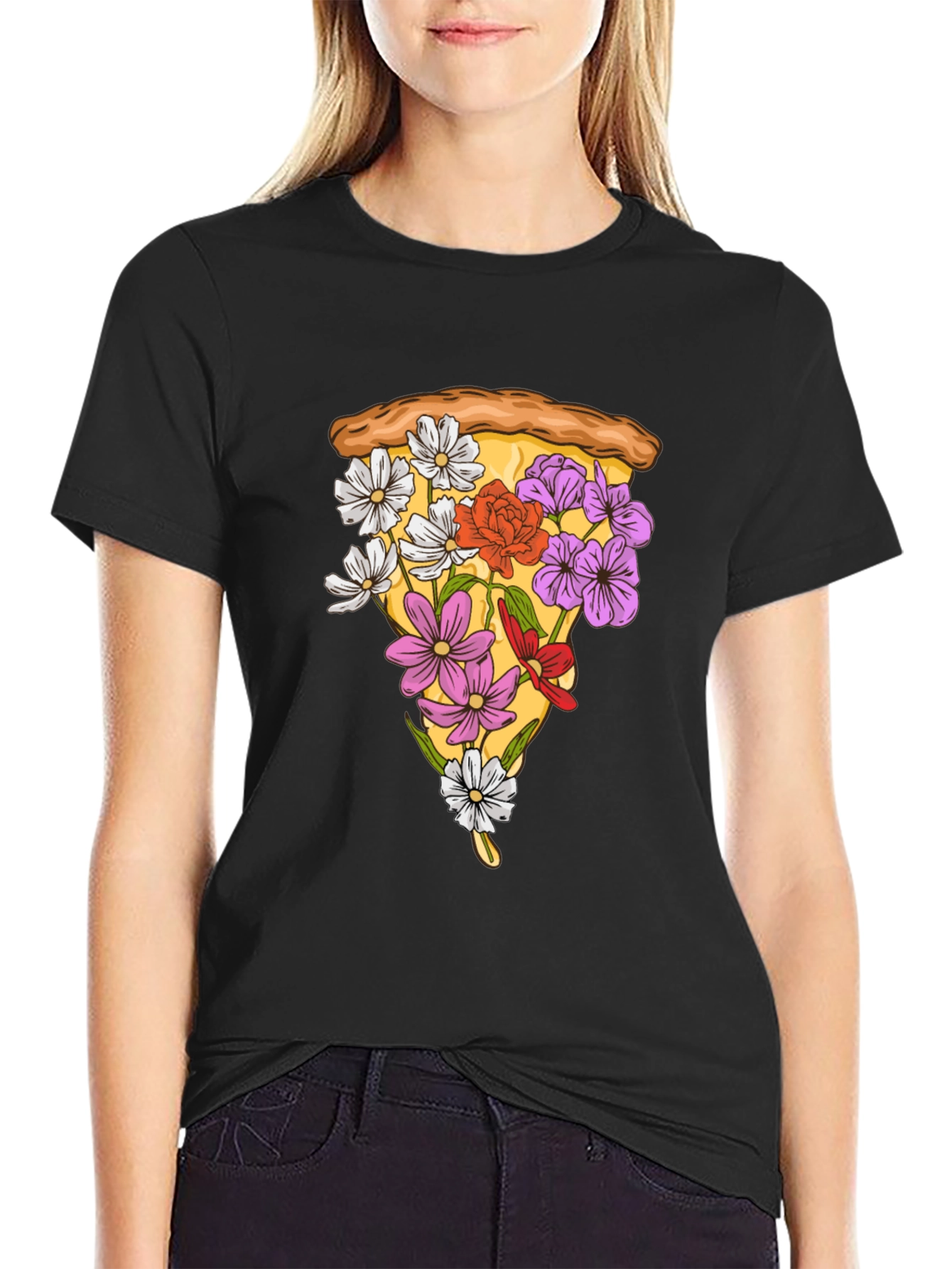 Black Floral Pizza Slice Graphic Tee - Unique Style view 2