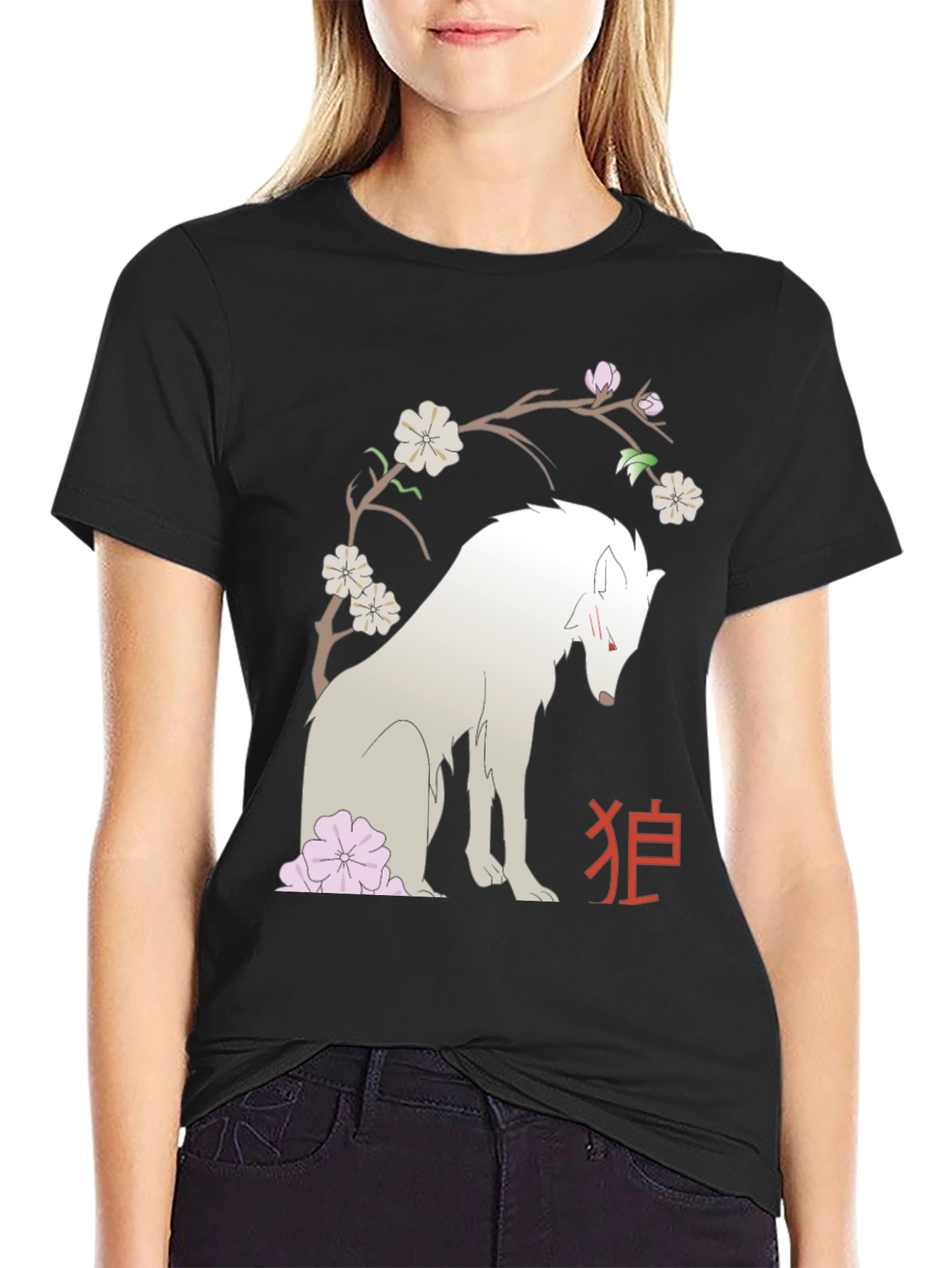 Black Wolf & Cherry Blossom Graphic Tee view 2