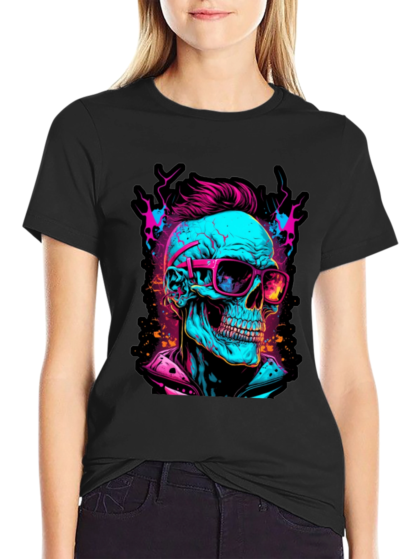 Black Neon Skull Graphic T-Shirt view 2