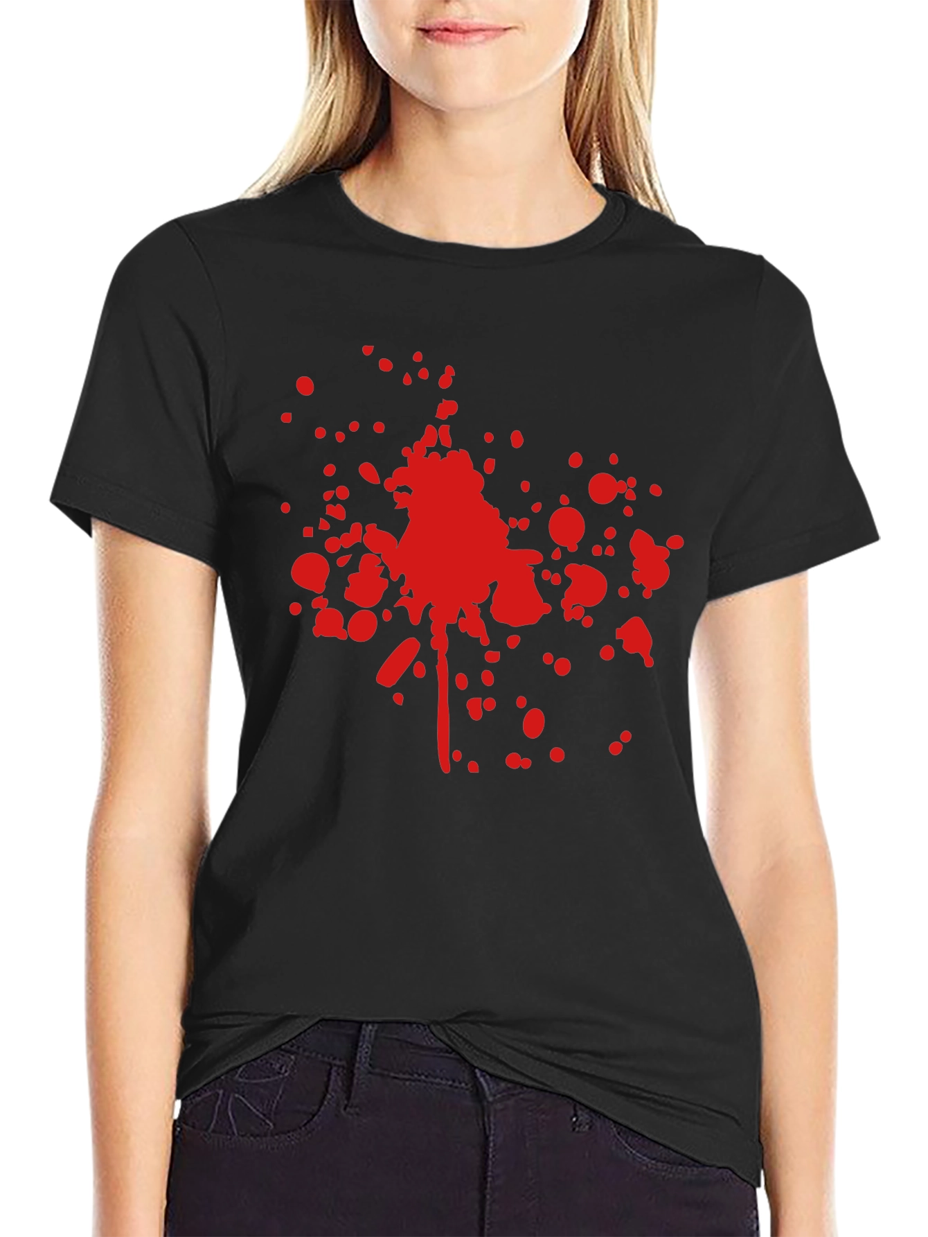 Black Red Splatter Print Black T-Shirt view 2