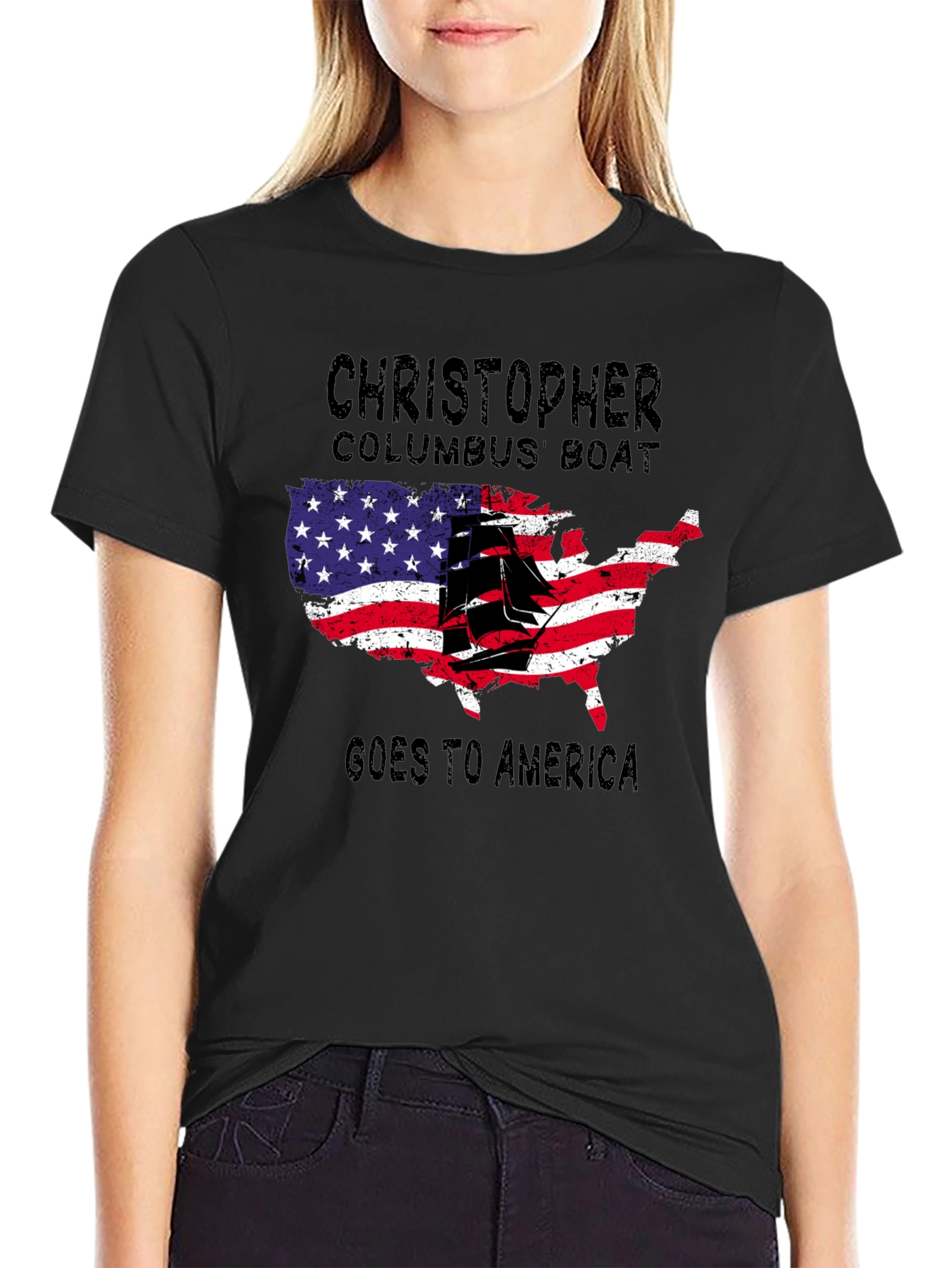 Black Christopher Columbus Boat USA Map T-Shirt view 2