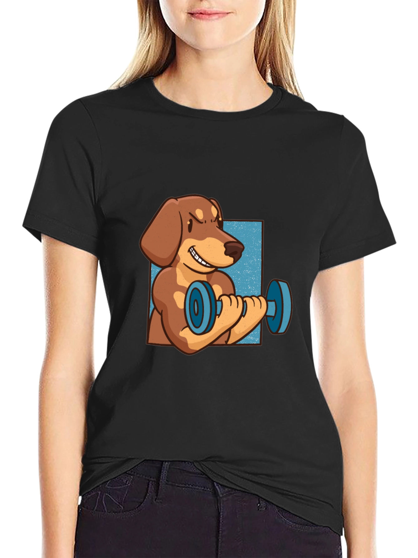 Black Funny Dachshund Lifting Dumbbell T-Shirt view 2
