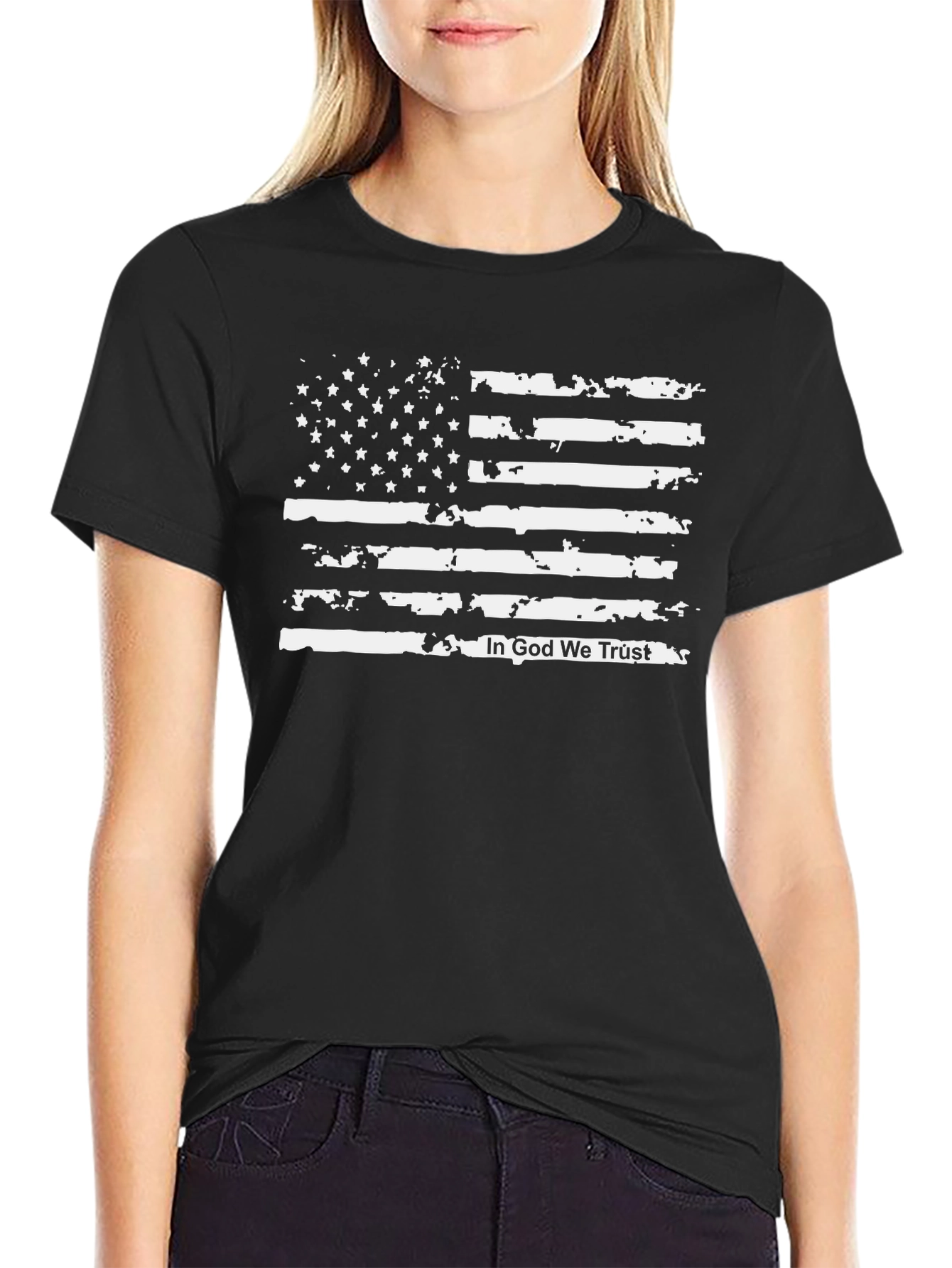 Black Distressed American Flag Graphic T-Shirt view 2