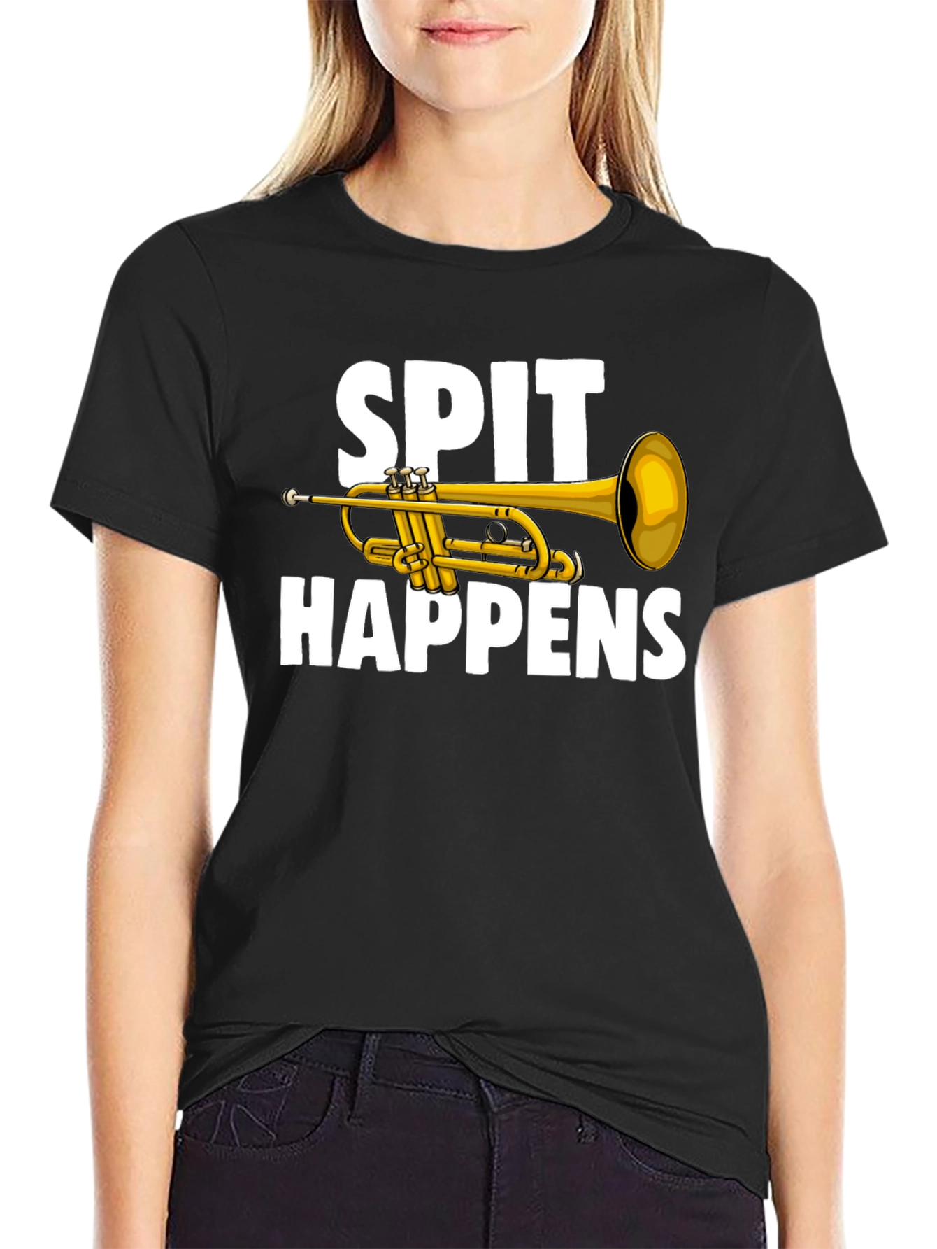Black Spit Happens Trumpet T-Shirt - Musician Humor view 2