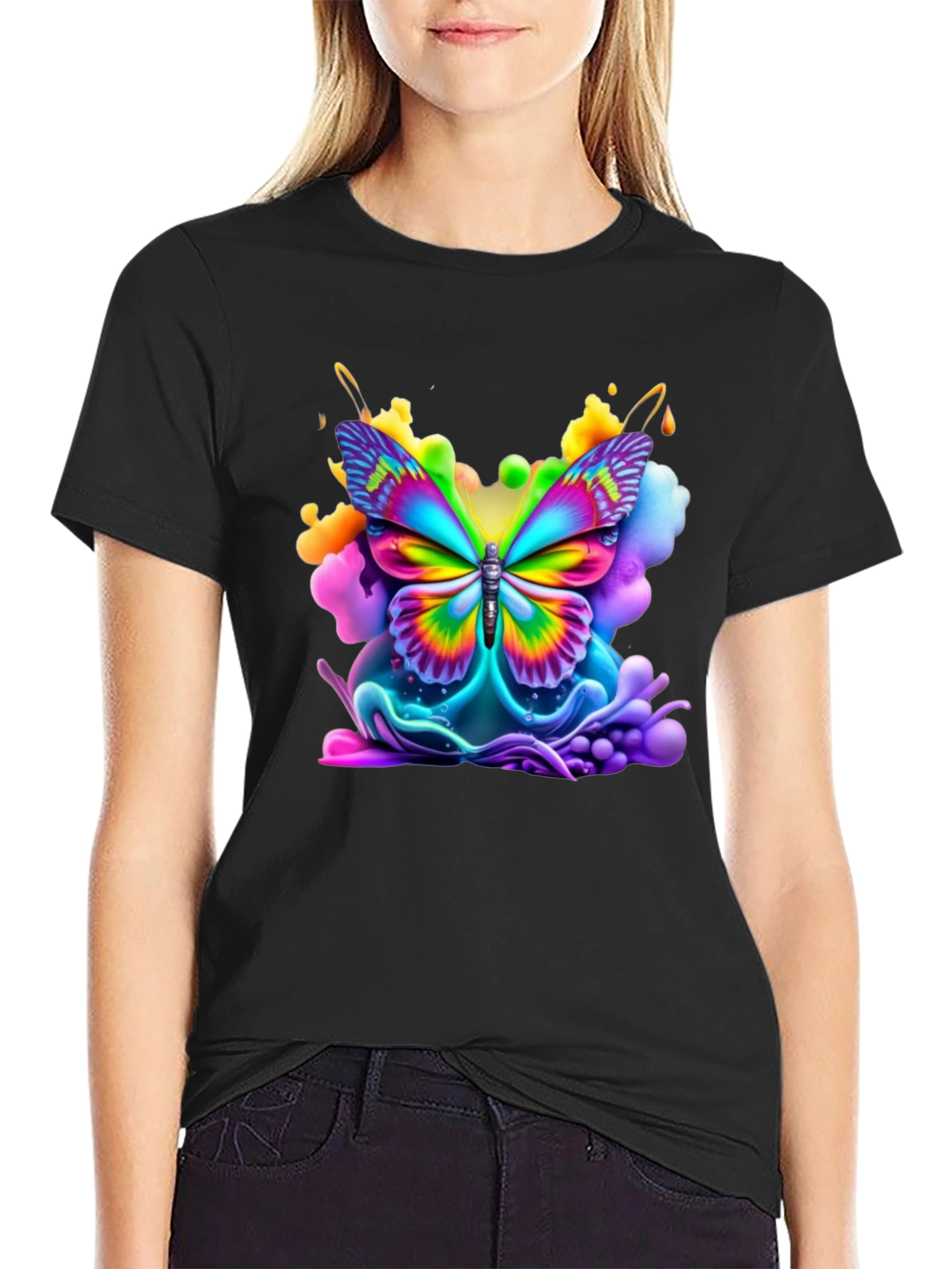 Black Vibrant Butterfly Graphic Tee - Black Cotton Comfort view 2