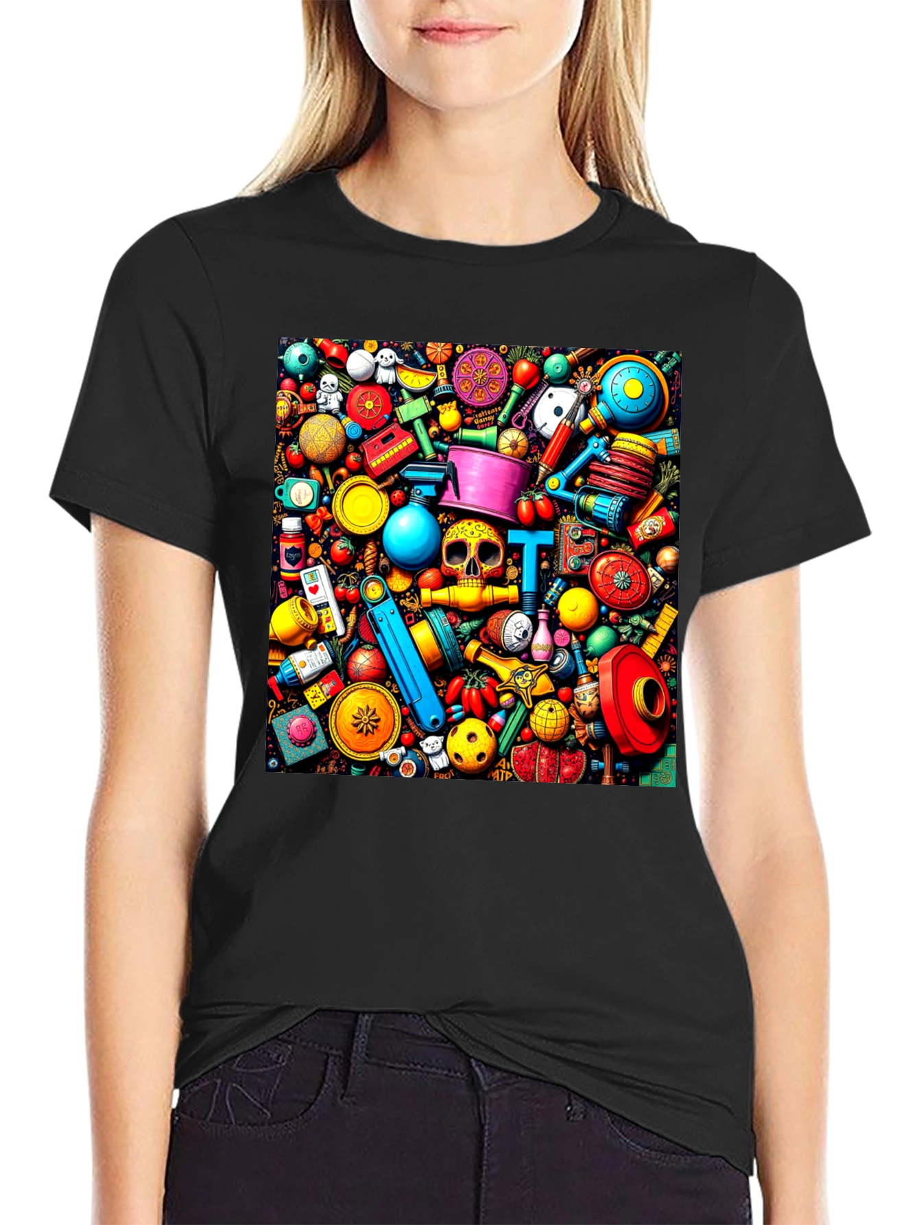 Black Colorful Doodles T-Shirt view 2