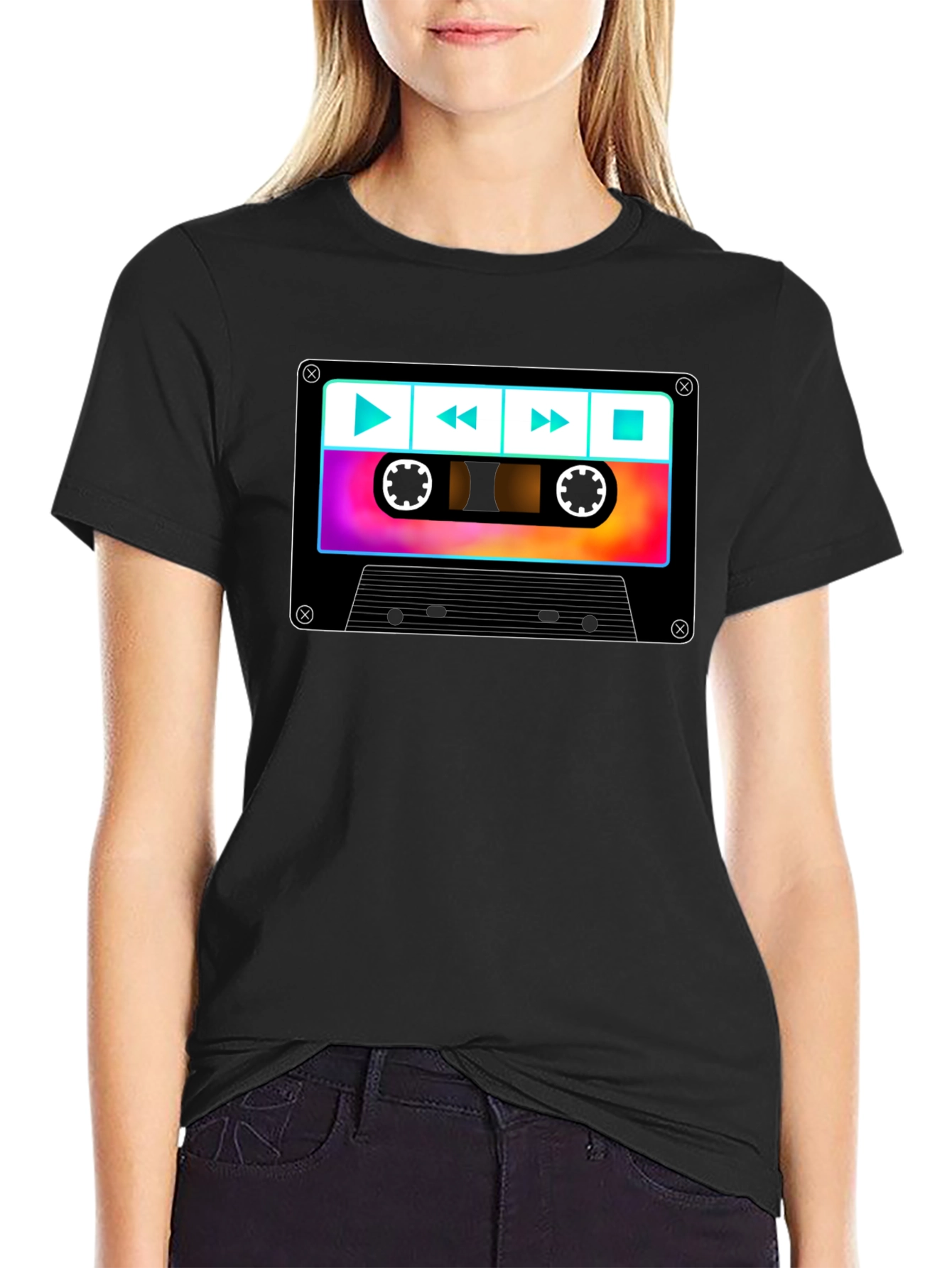 Black Retro Cassette Tape Graphic T-Shirt view 2