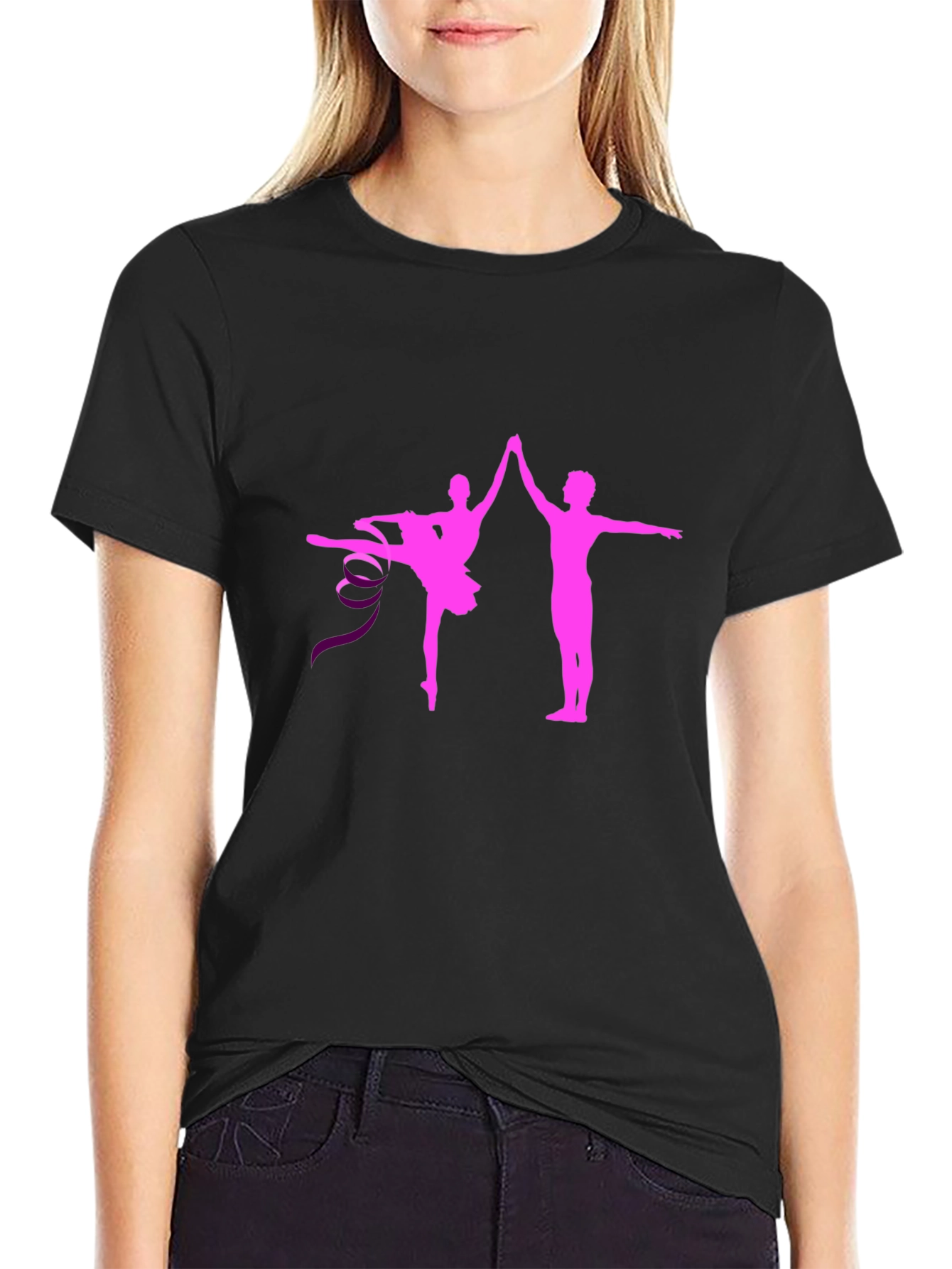 Black Ballet Dance Graphic Tee - Pink Silhouette view 2