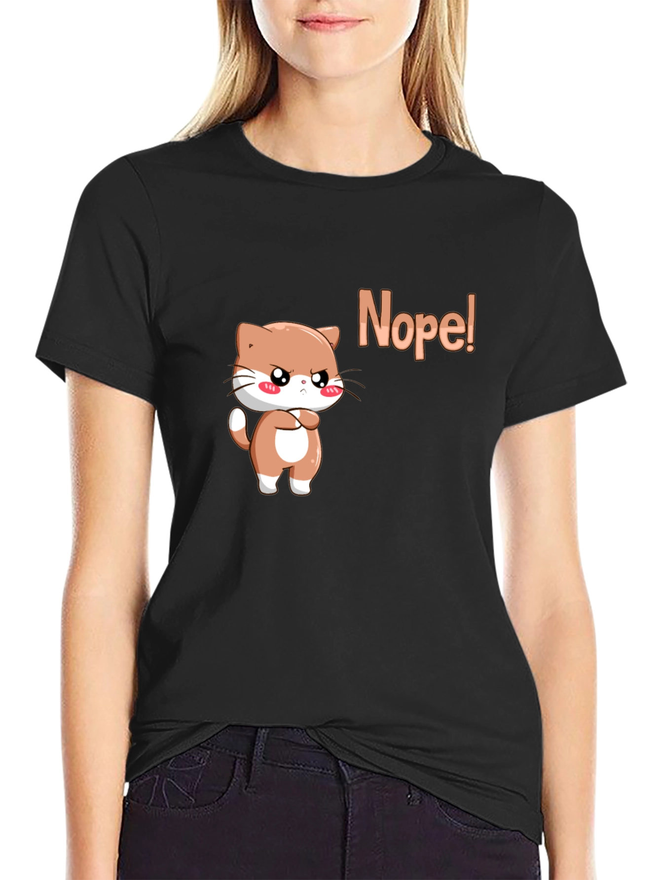 Black Nope Cat Graphic Tee - Trendy Cute T-Shirt view 2