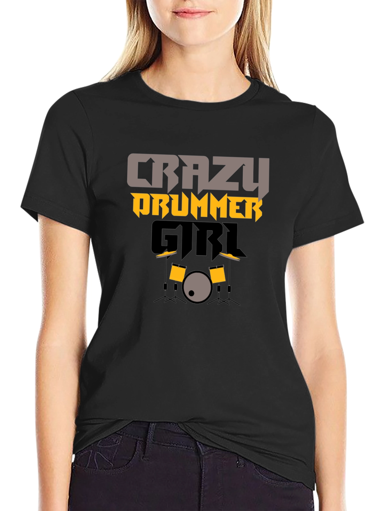 Black Crazy Drummer Girl Graphic Tee view 2