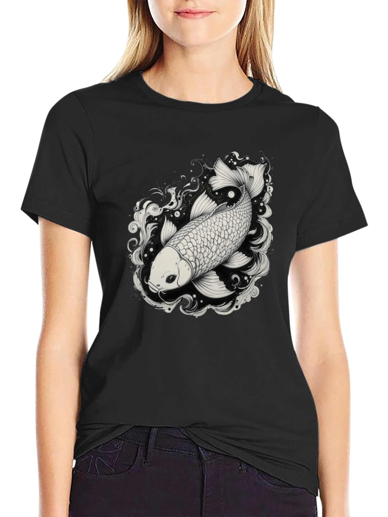 Black Koi Fish Graphic Tee - Black Cotton Blend Shirt view 2