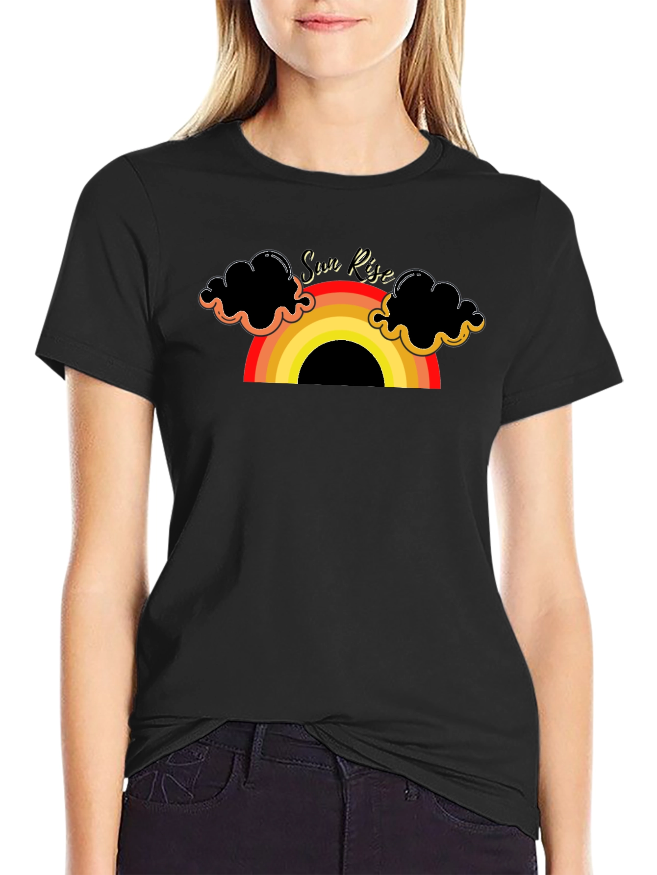 Black Sunrise Rainbow Graphic Tee - Black Cotton T-Shirt view 2