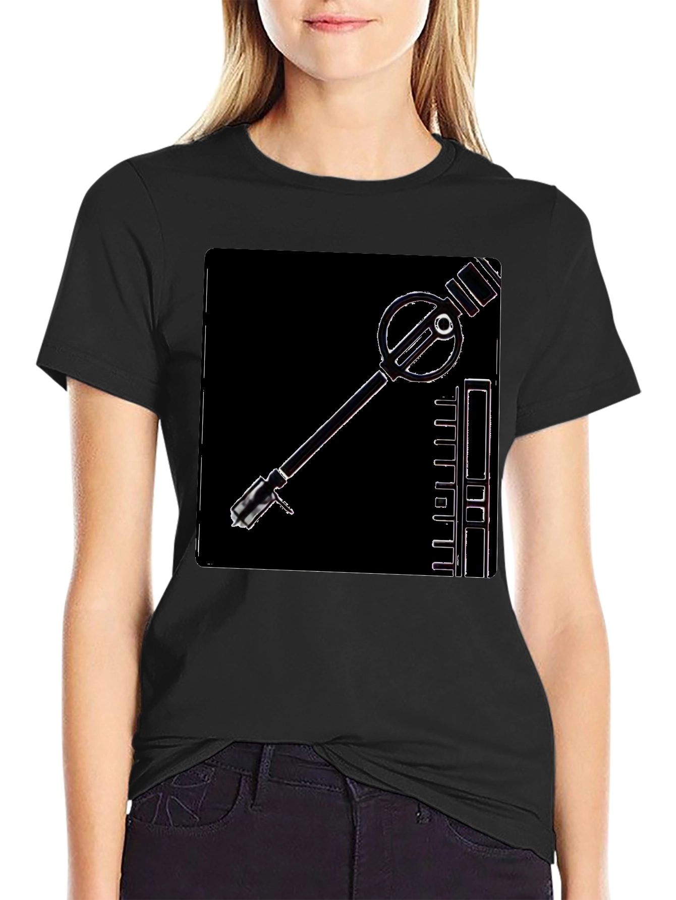 Black Retro Sci-Fi Gadget Graphic Tee - Black Cotton T-Shirt view 2
