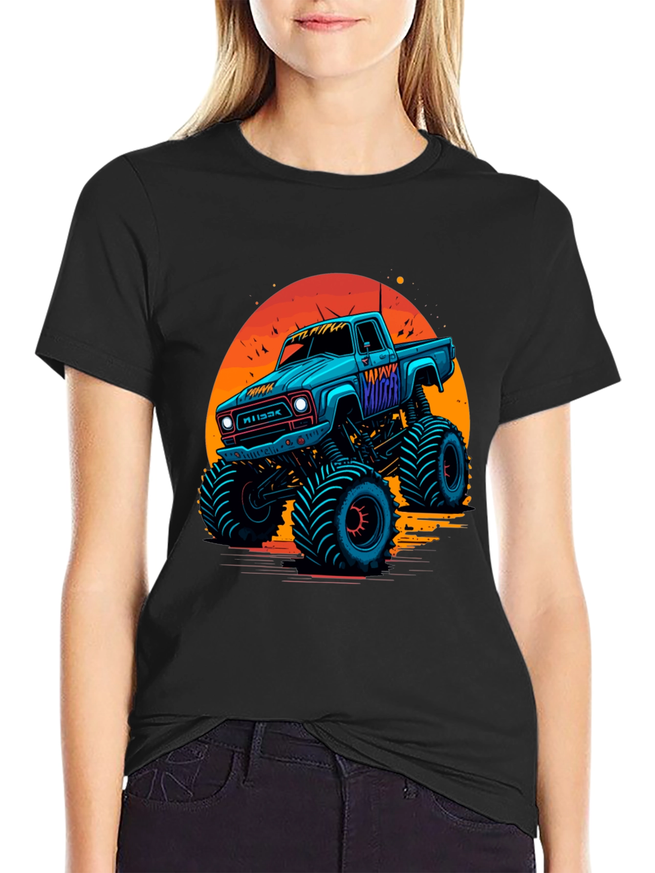Black Monster Truck Graphic Tee - Retro Sunset Design view 2