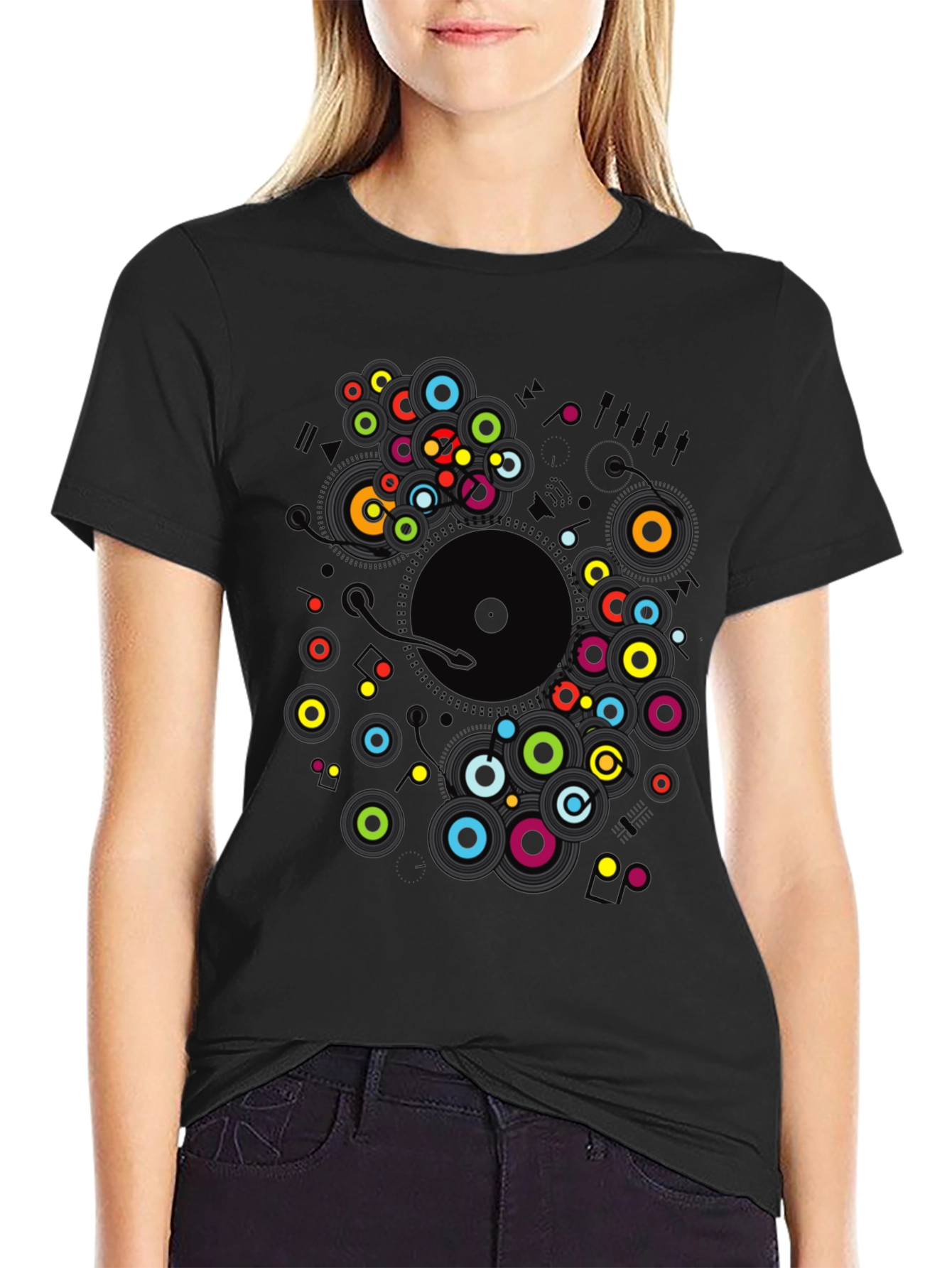 Black Modern Record Player Graphic Print Black T-Shirt view 2