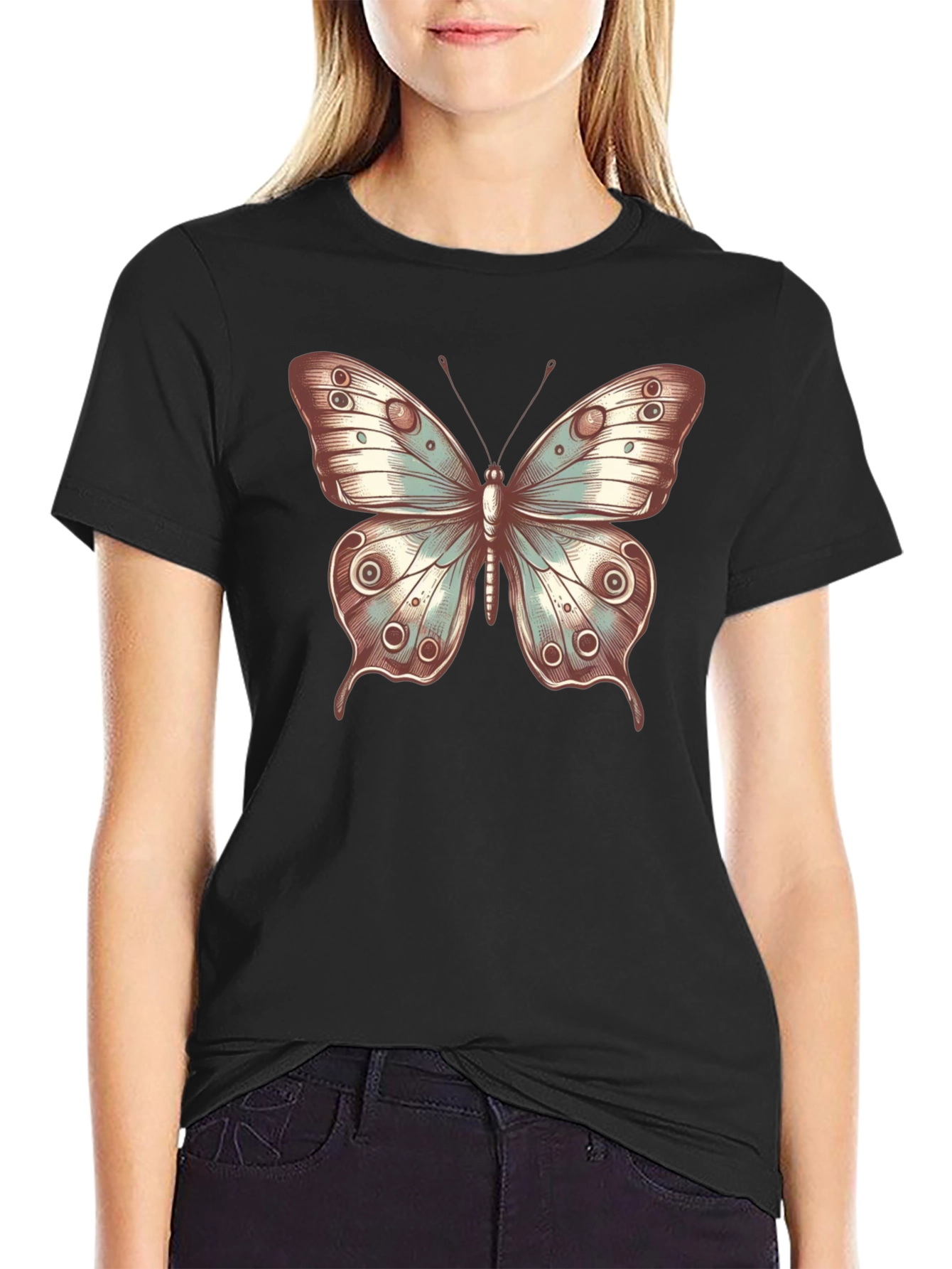 Black Butterfly Print Crew Neck T-Shirt - Stylish Casual Tee view 2