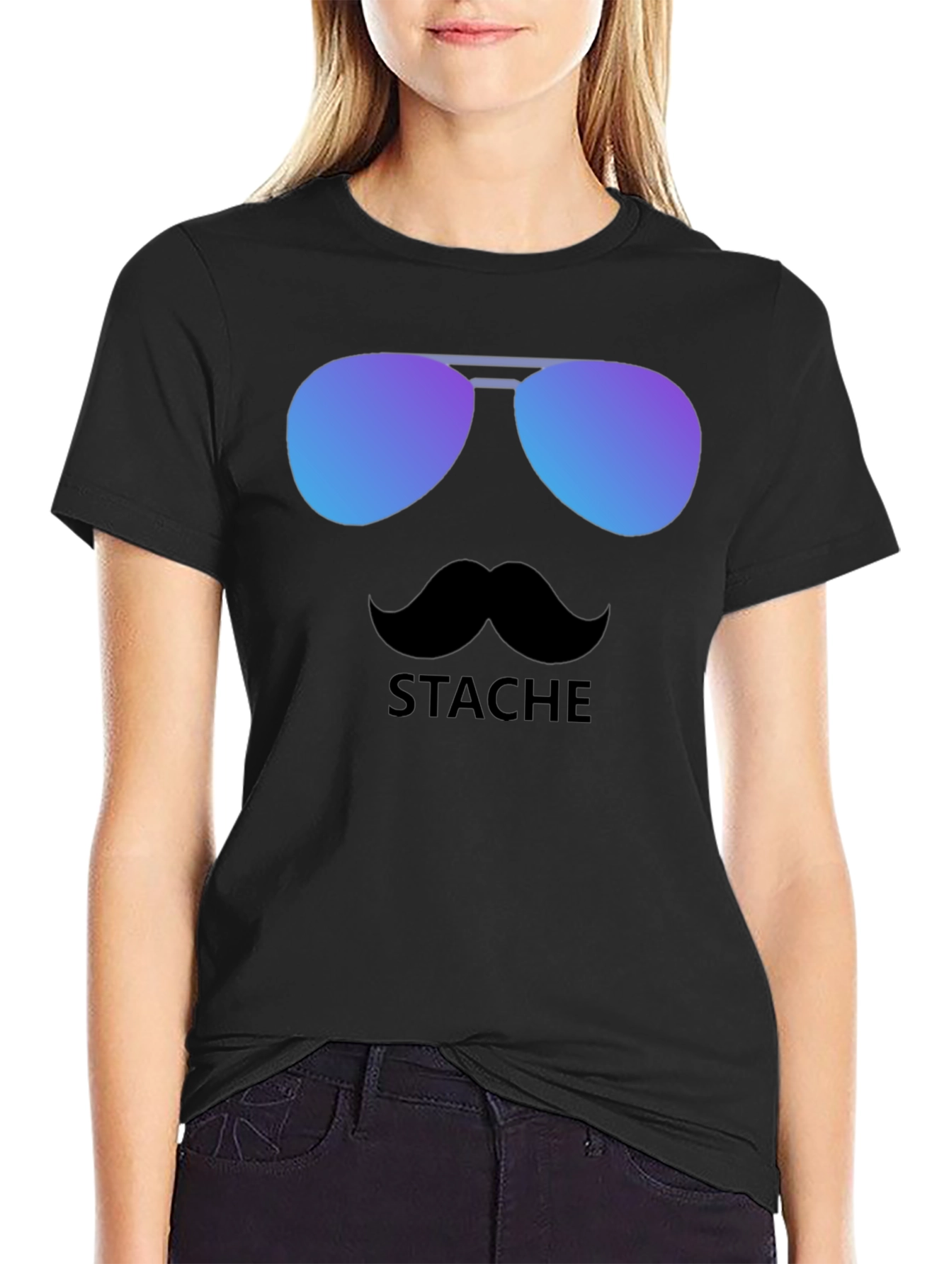 Black Cool Stache T-Shirt - Sunglasses & Moustache Graphic Tee view 2