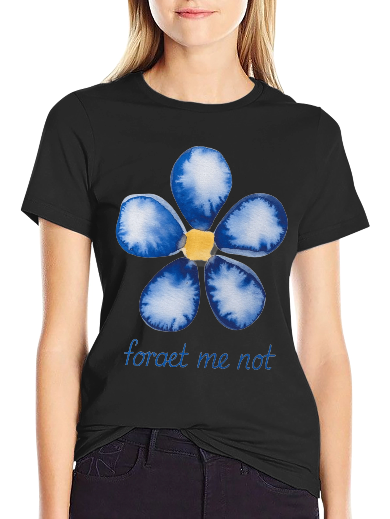Black Forget-Me-Not Flower Graphic Black T-Shirt view 2