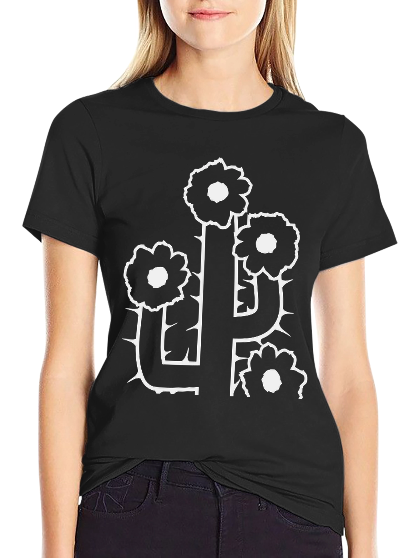 Black Cactus Flower Graphic Tee - Black Cotton T-Shirt view 2