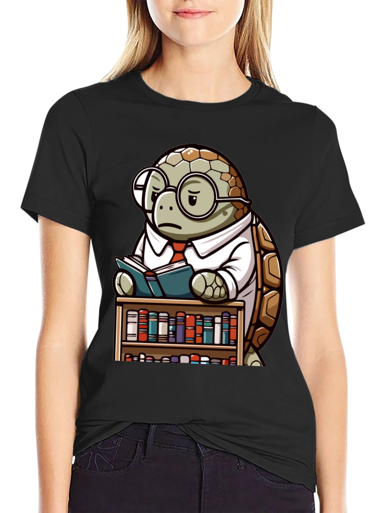 Black Smart Turtle Graphic T-Shirt - Book Lover Tee view 2