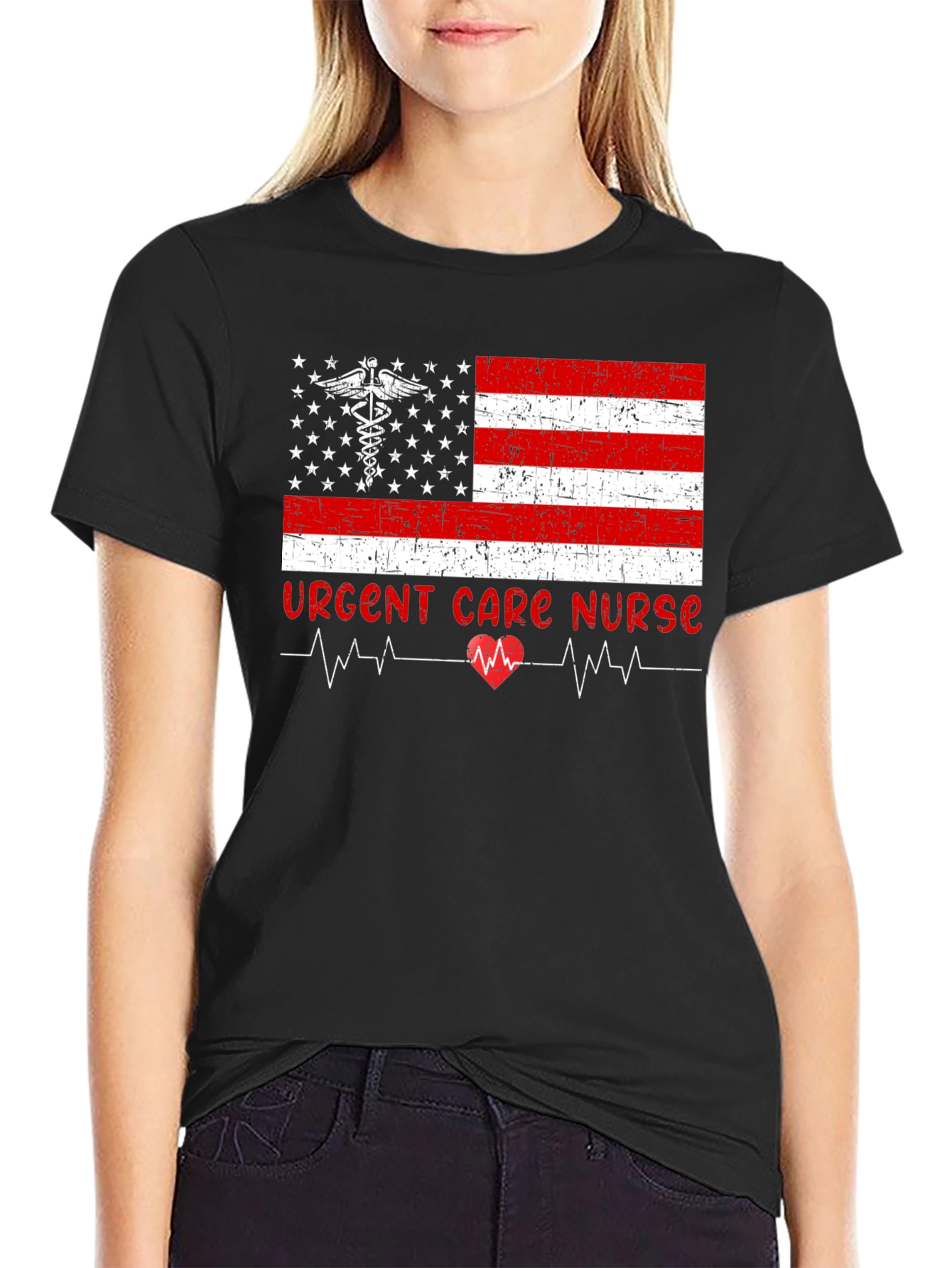 Black Urgent Care Nurse American Flag T-Shirt view 2