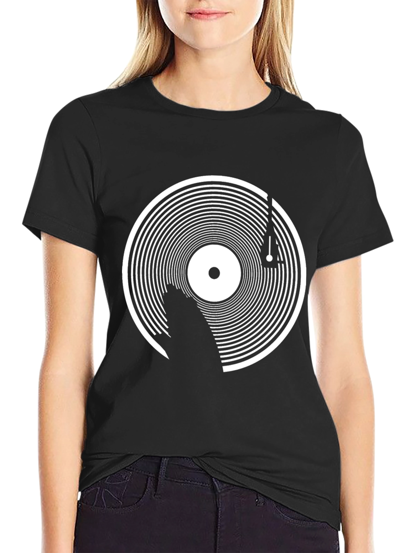 Black Retro Vinyl Record Graphic Tee - Black view 2