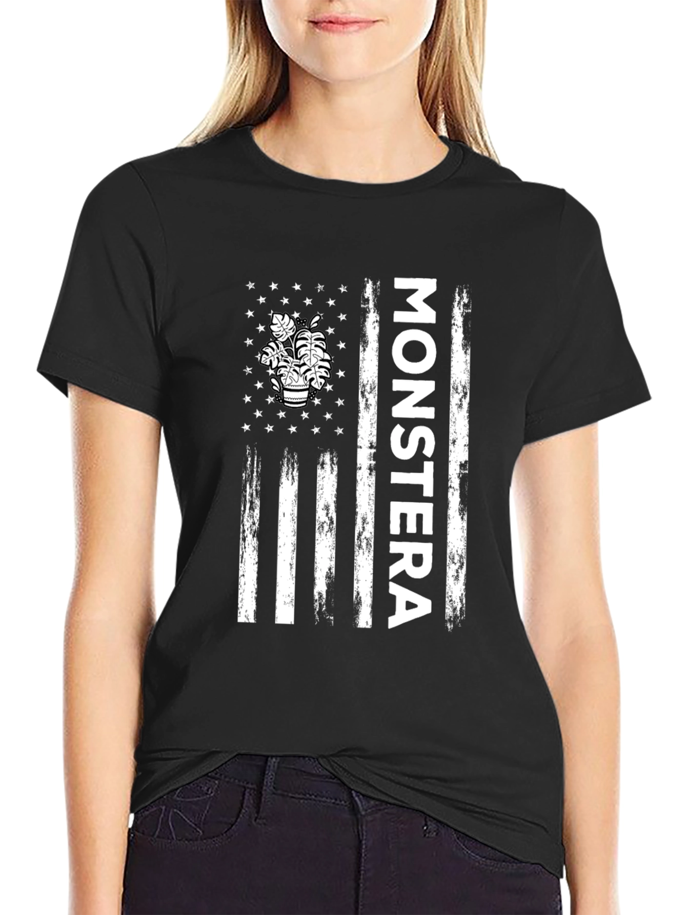 Black Monstera Plant Flag Graphic Tee view 2