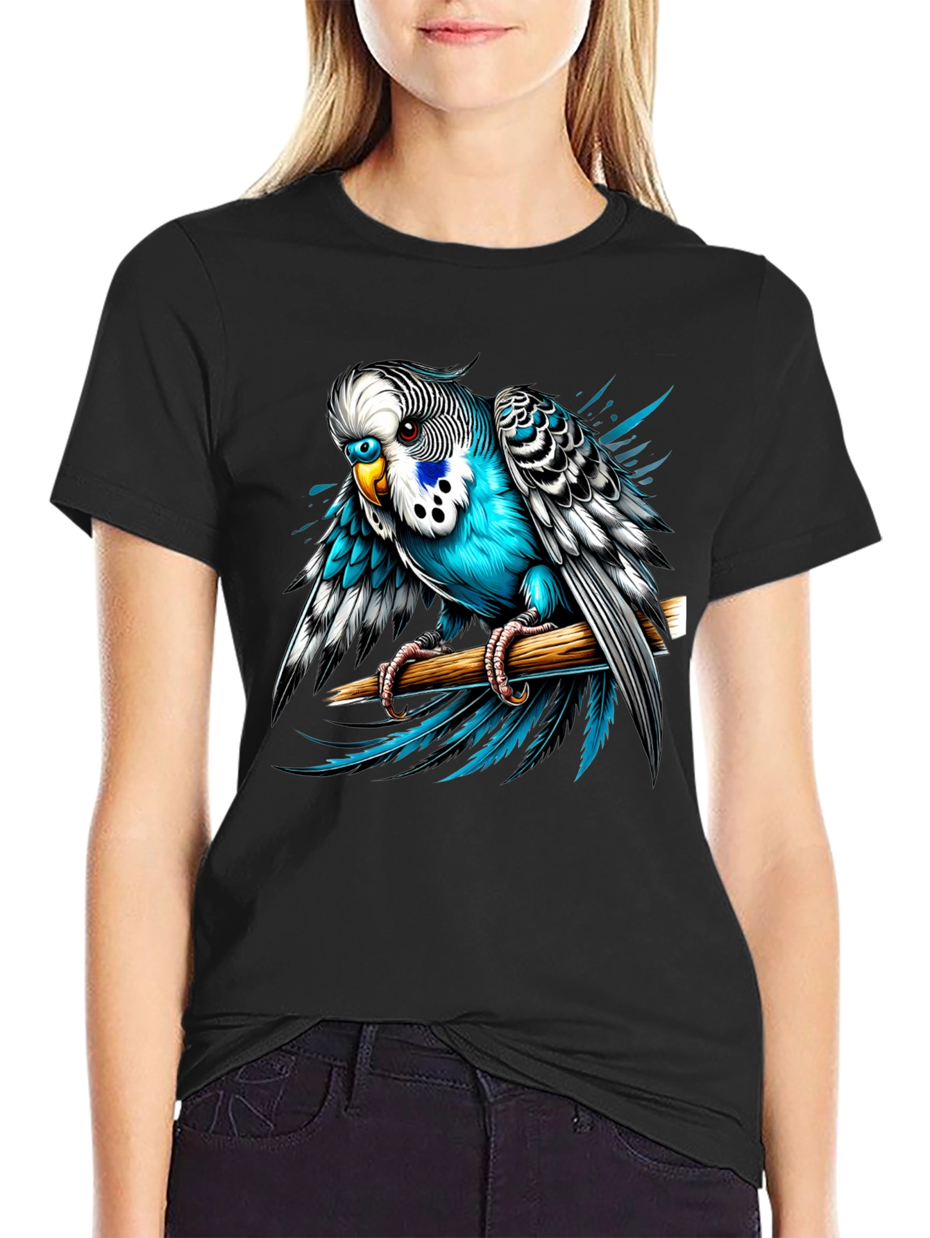 Black Blue Budgie Bird T-Shirt - Unique Graphic Tee view 2