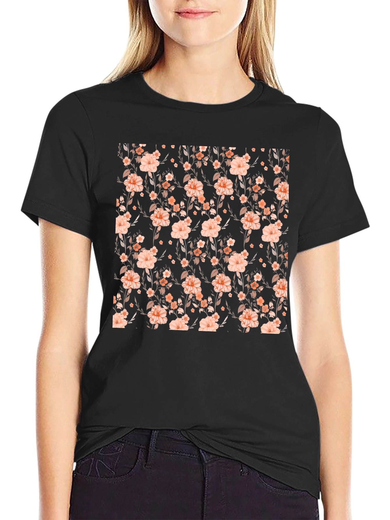 Black Floral Print Black T-Shirt view 2
