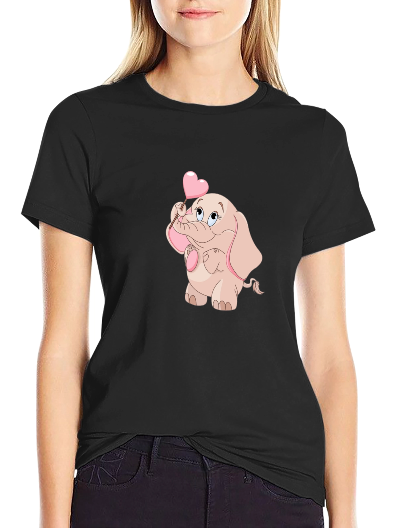 Black Cute Elephant Holding Heart T-Shirt view 2