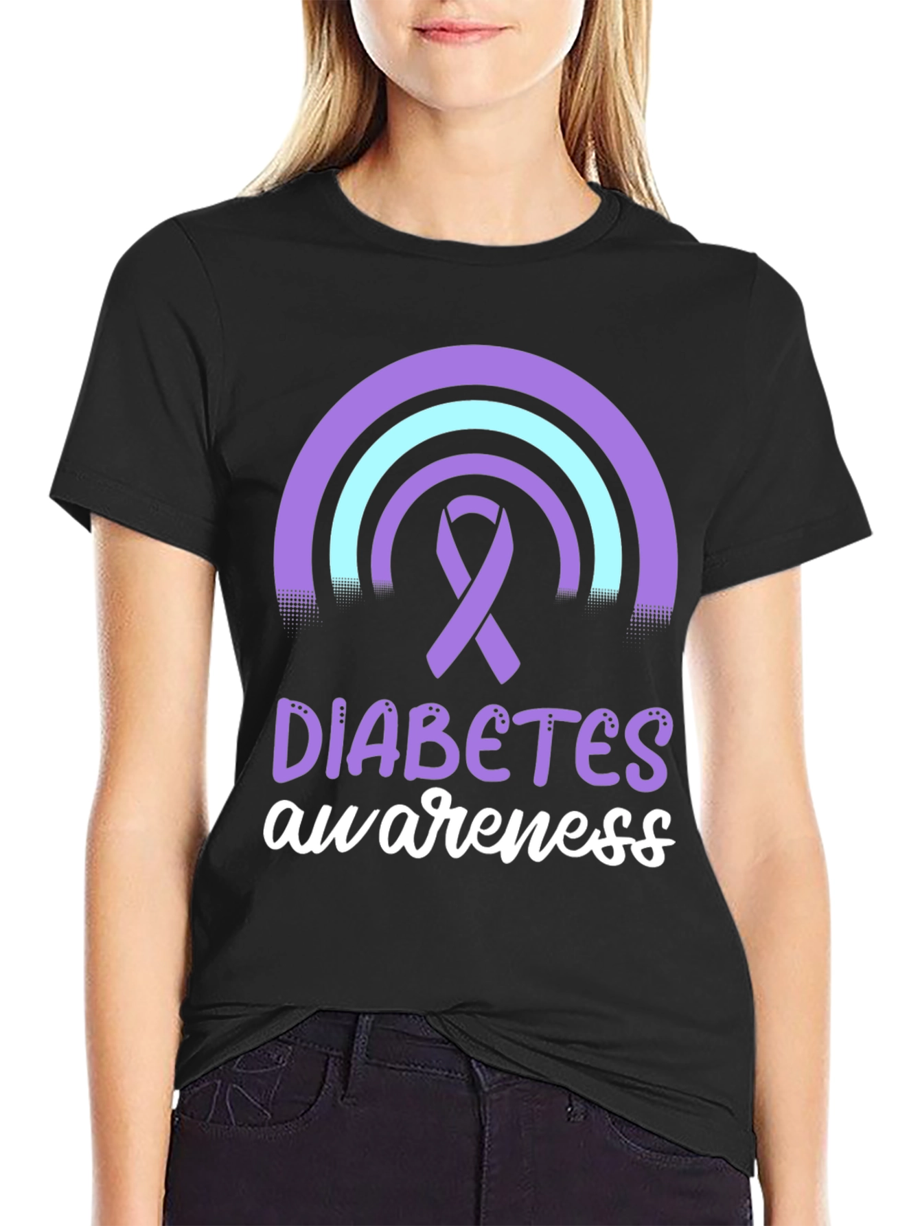 Black Diabetes Awareness T-Shirt Ribbon Rainbow Design view 2