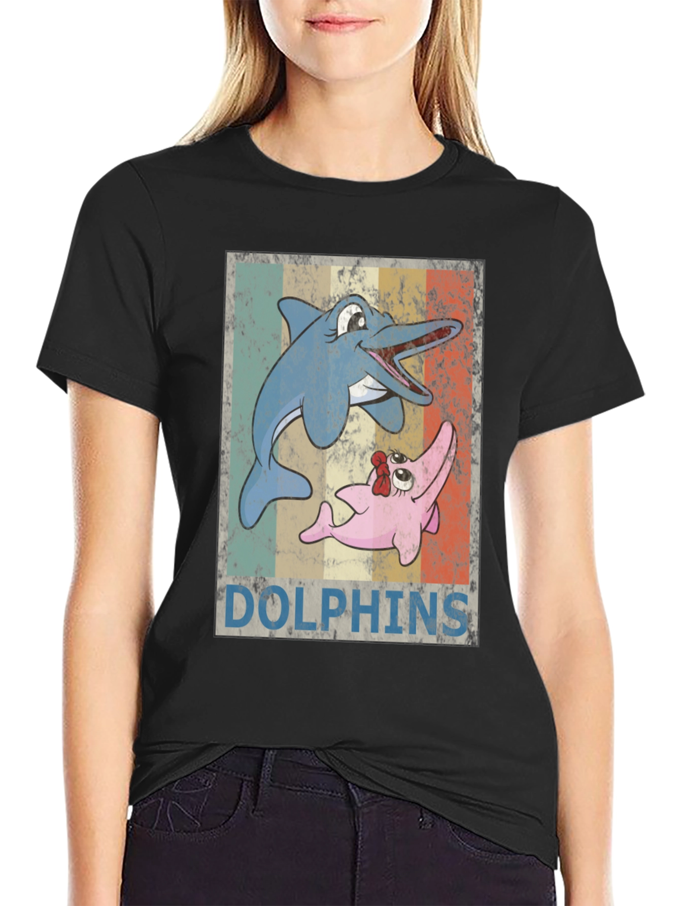 Black Retro Dolphin Cartoon T-Shirt view 2