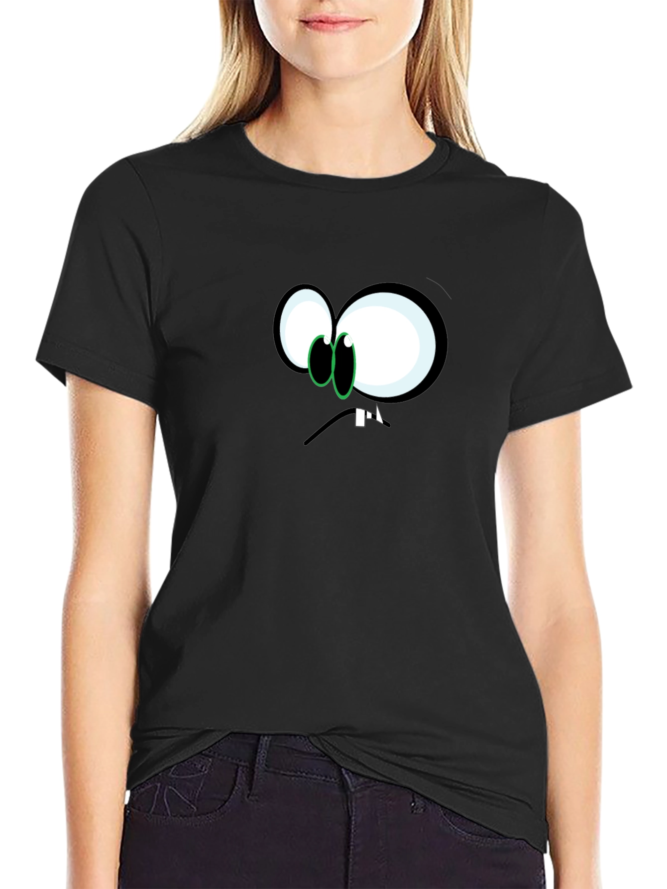 Black Funny Cartoon Face Graphic Black T-Shirt view 2