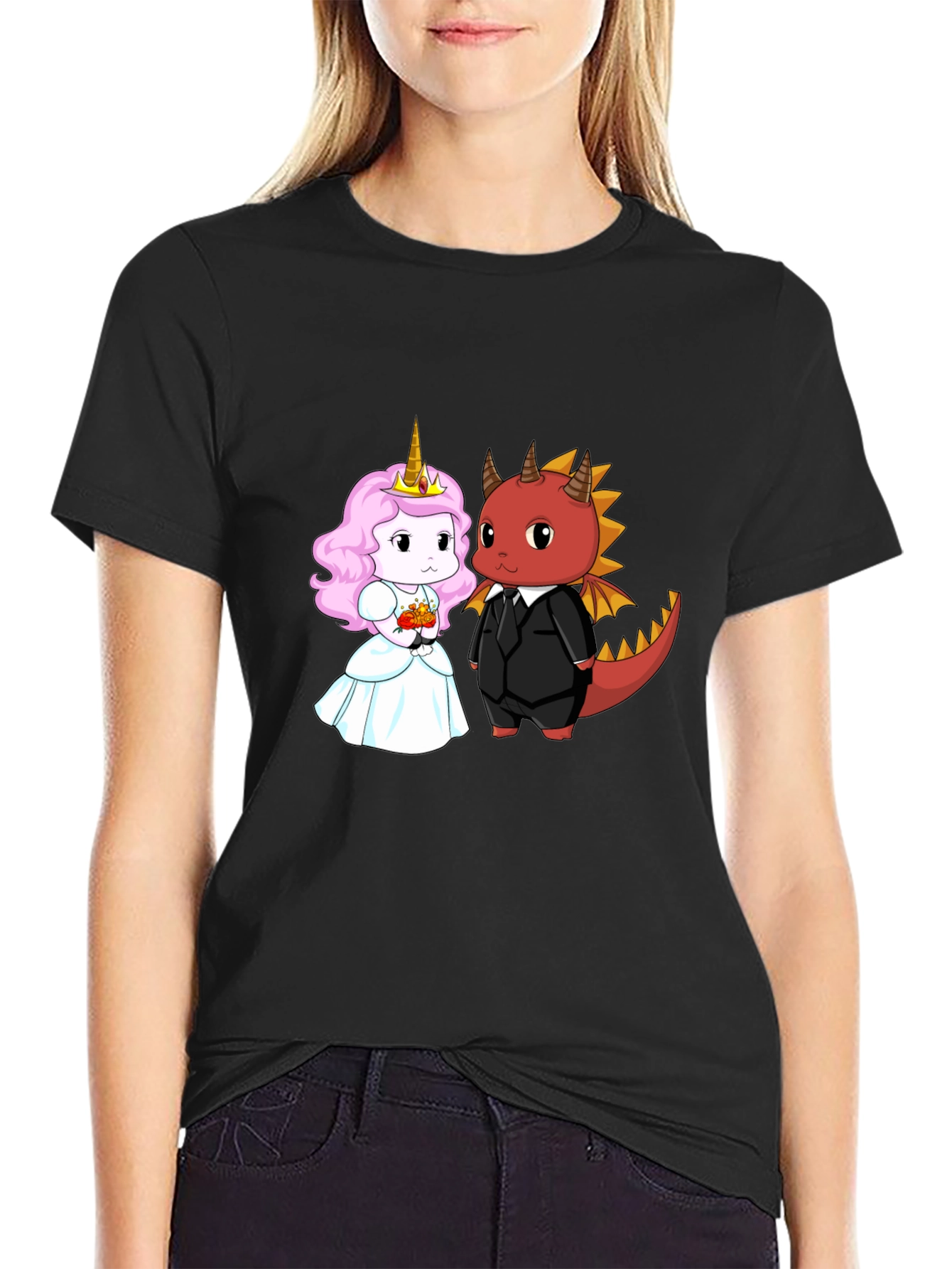 Black Unicorn and Dragon Cartoon Graphic Tee view 2