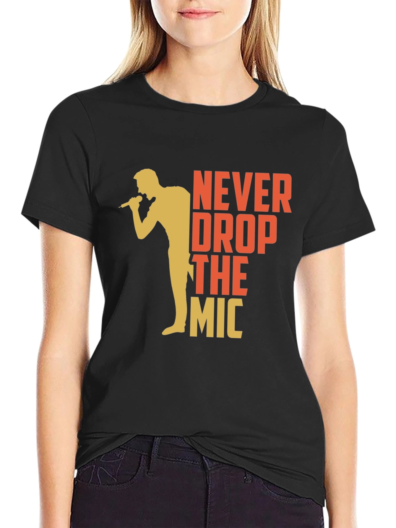 Black Never Drop The Mic Graphic Tee - Black Cotton T-Shirt view 2