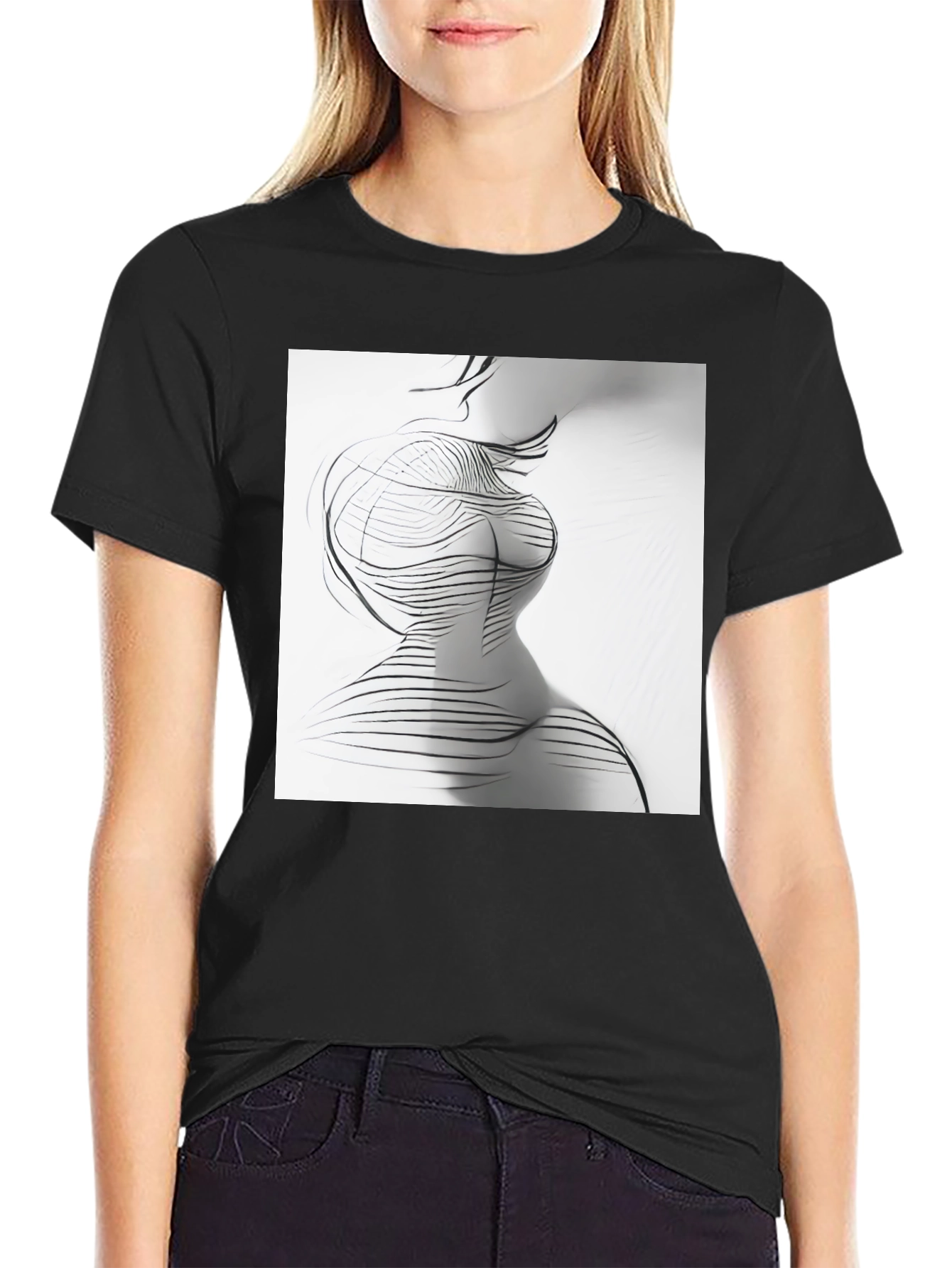 Black Abstract Line Art Print Black Crew Neck T-Shirt view 2