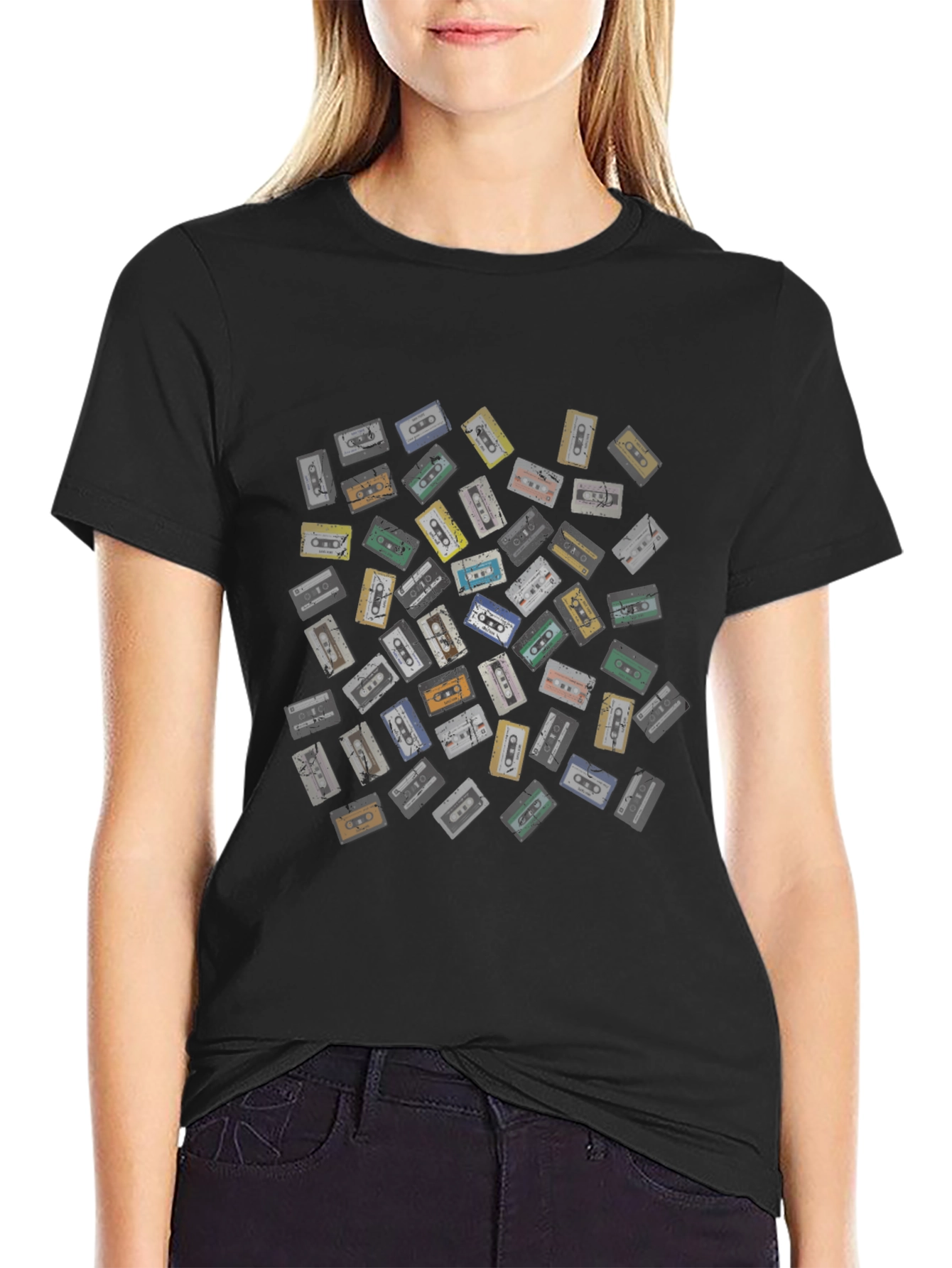 Black Retro Cassette Tape Pattern Black T-Shirt view 2