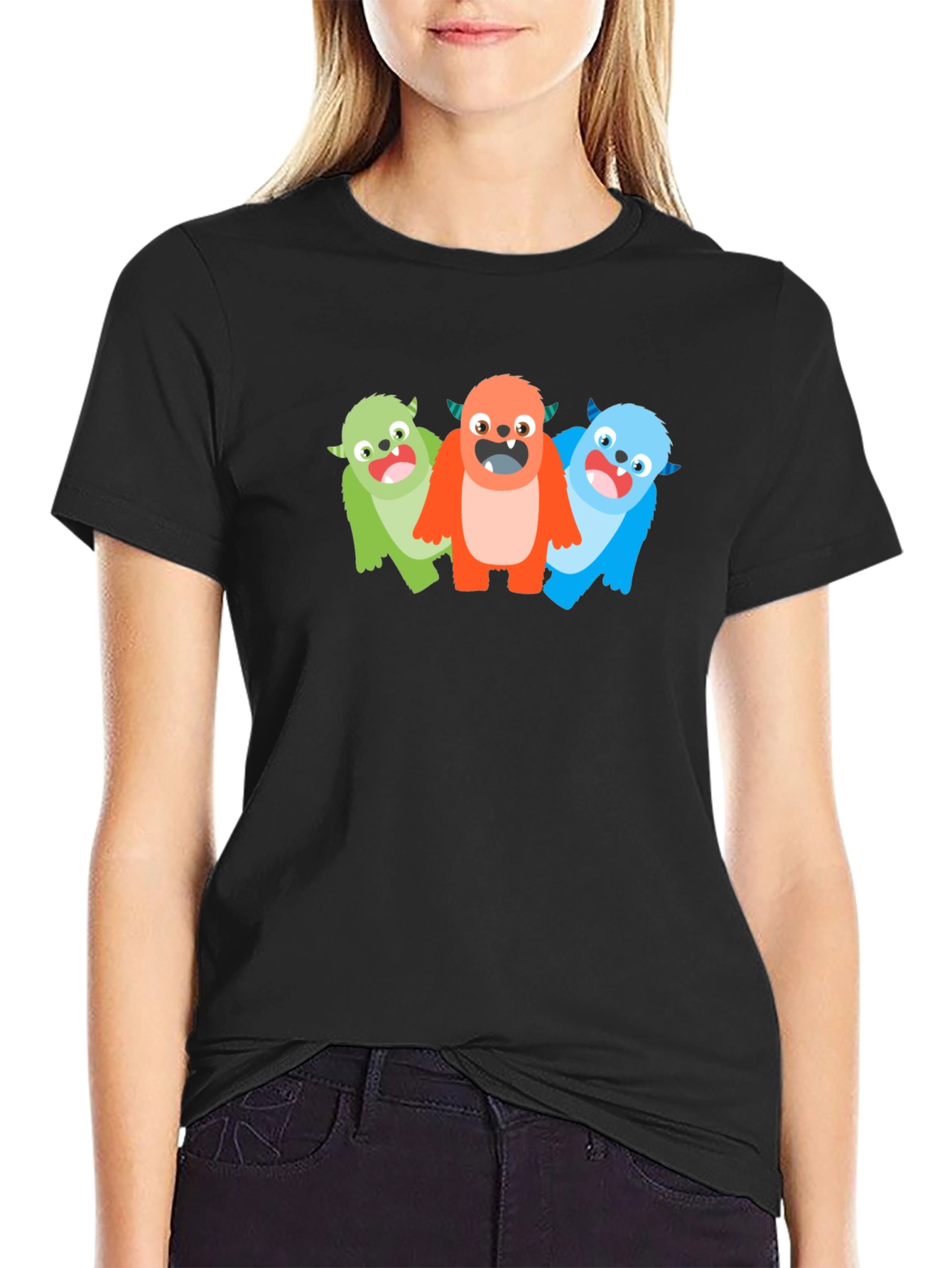 Black Monster Trio Graphic Tee - Fun Cartoon T-Shirt view 2