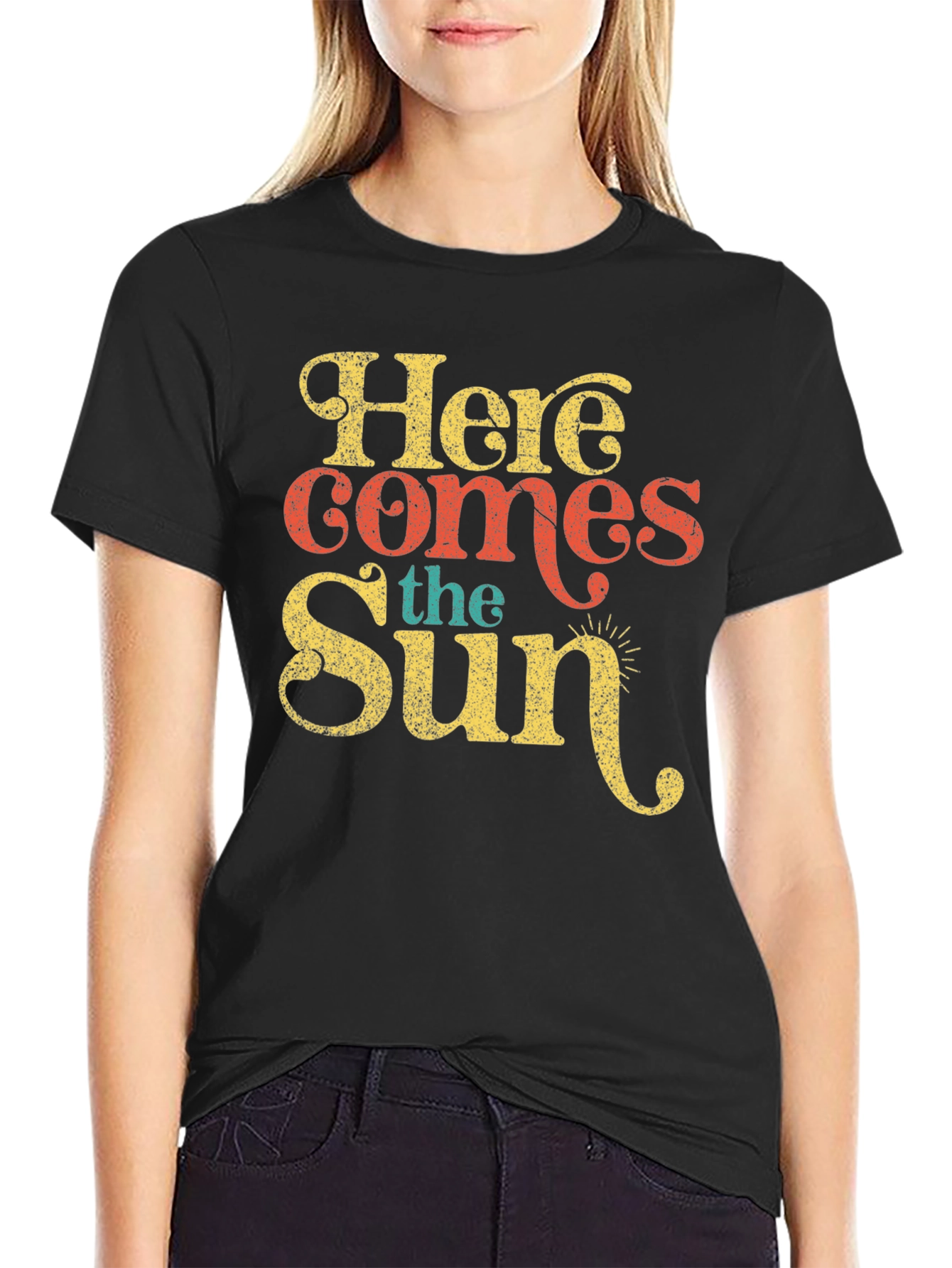 Black Here Comes The Sun Retro T-Shirt view 2